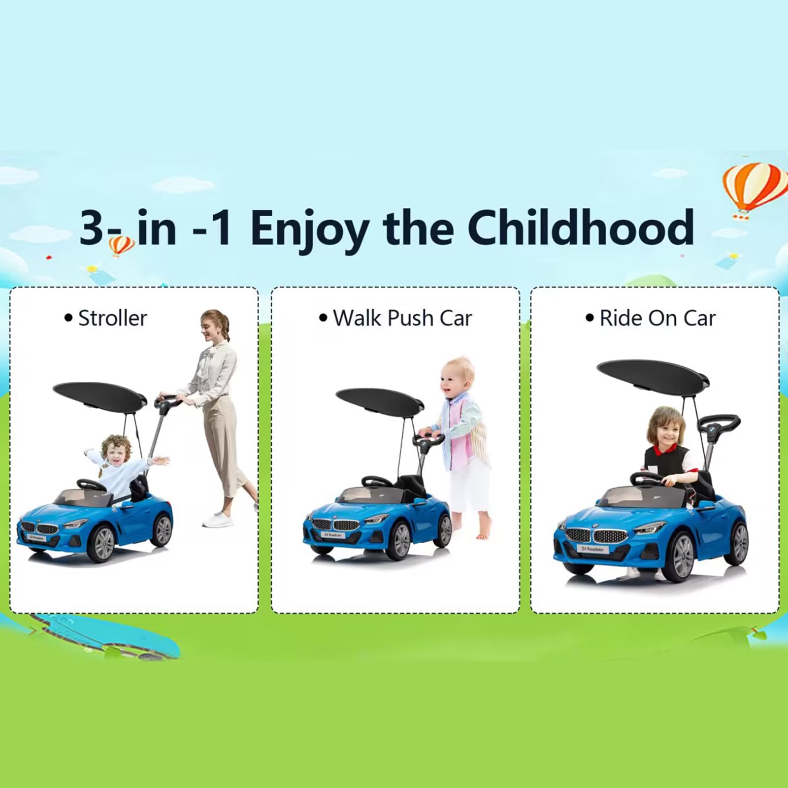 BMW Z4 Licensed Kids Push Car - 3-in-1 Ride-On Toy for Toddlers 1-5 Years | Adjustable Push Rod, Safety Seat Belt, Canopy, Horn & Music | Silent Wheels for Smooth Ride | Perfect Stroller Alternative for Boys & Girls (Blue) - Ideal for Indoor Play, Outdoor Walks & Park Adventures