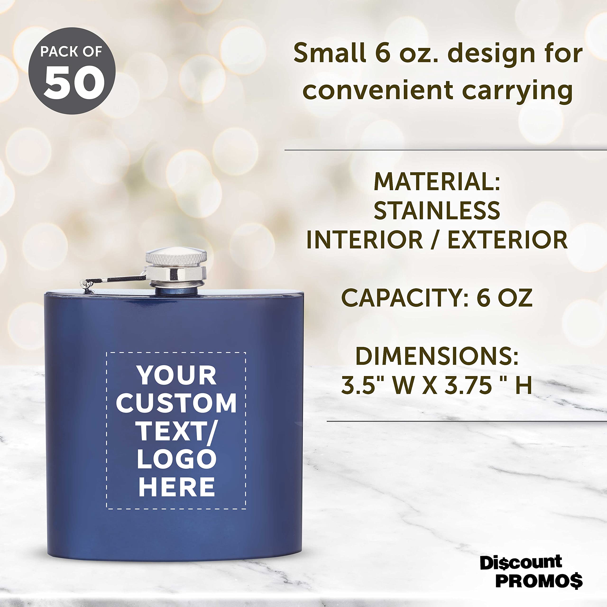 50-Pack Personalized Stainless Steel Hip Flasks 6oz - Engraved Wedding Party Gifts, Groomsmen Gifts & Outdoor Accessories - Screw Top Cap, Durable Murano Design in Blue | Perfect for Camping, Hiking, Bachelor Parties & Corporate Events