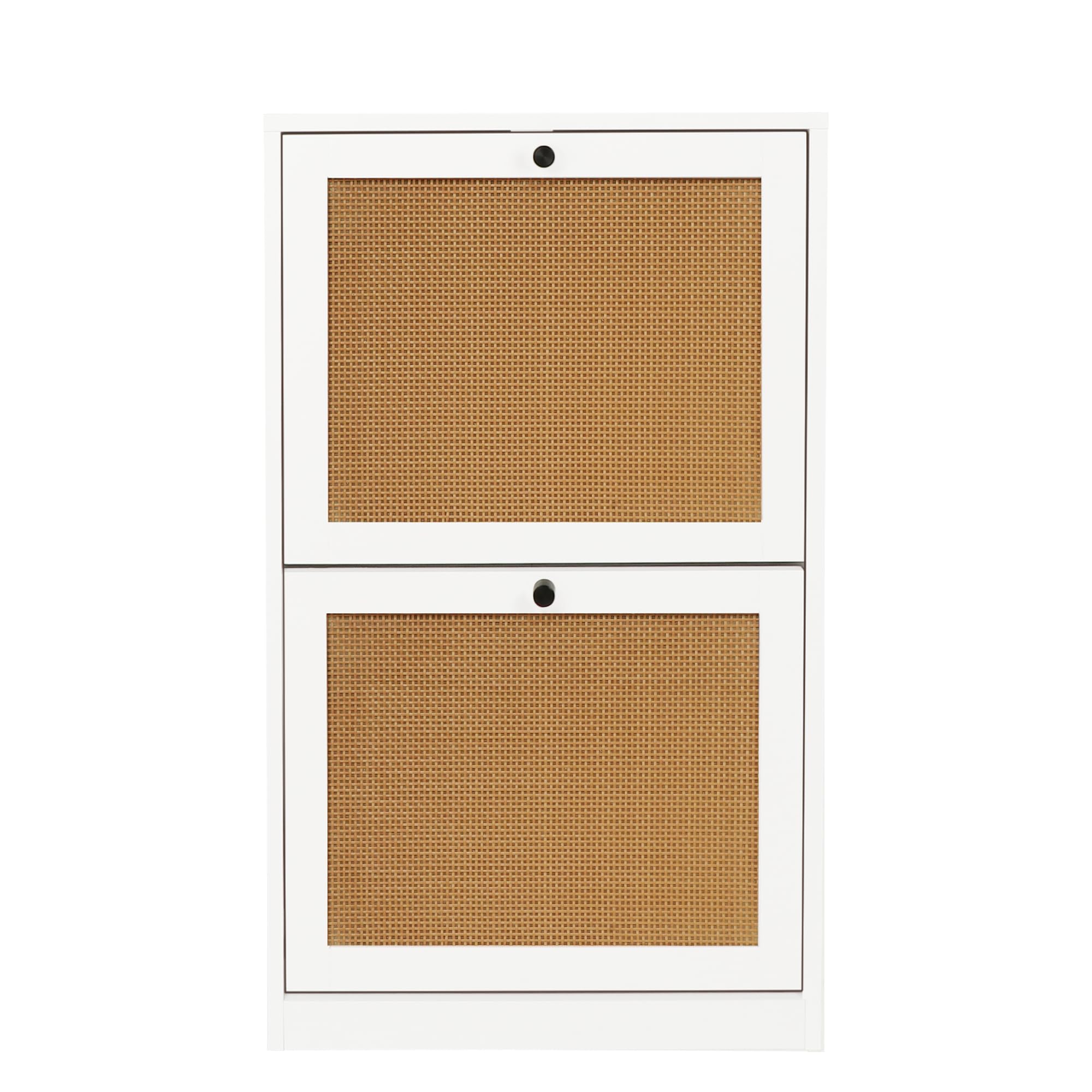 Anmytek White Rattan Shoe Cabinet - 2-Tier Wooden Shoe Rack with 2 Flip Drawers, Entryway Storage Organizer for Hallway, Living Room & Bedroom (Model S0002) - Perfect for Small Spaces, Apartment Entryways & Shoe Organization