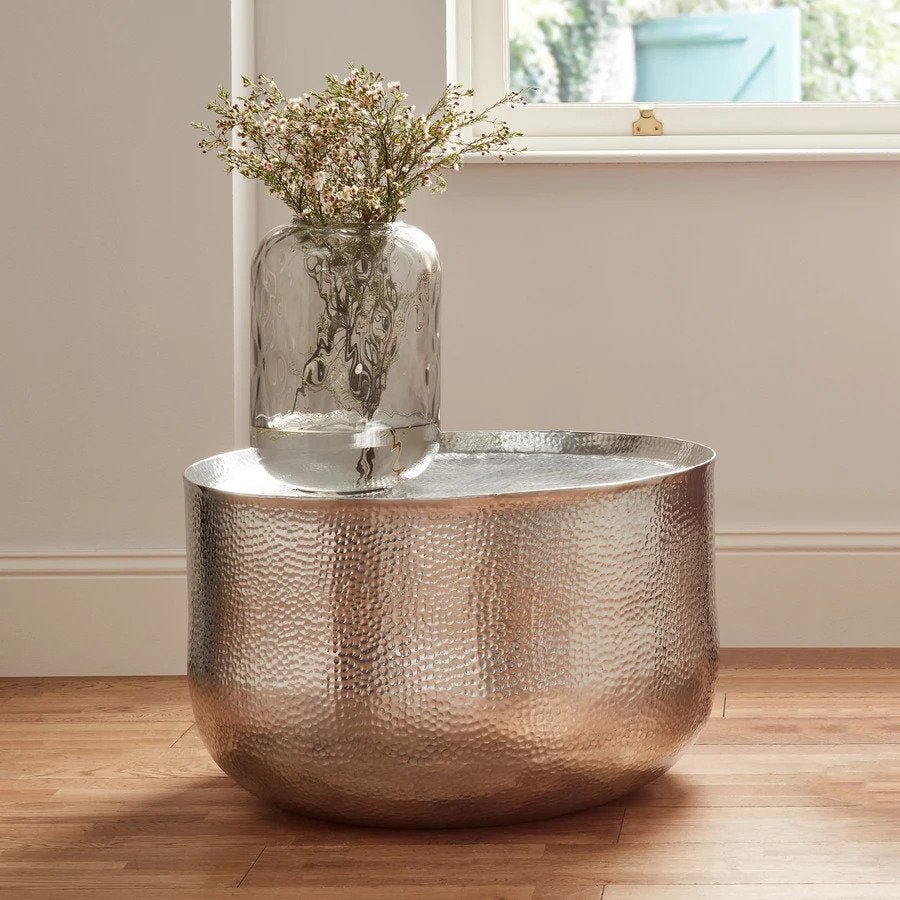 Harita Hammered Metal Silver Round Coffee Table - Large Hammered Metal Dining Table for Living Room, Lounge, and Office Decor
