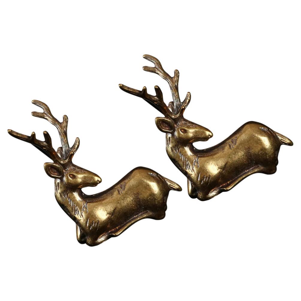 2Pcs Christmas Reindeer Figurines - Brass Elk Statue Woodland Animal Decor for Holiday Home, Office Desk, Table & Fireplace Mantle - Perfect Winter & Christmas Decorations for Festive Home Decor