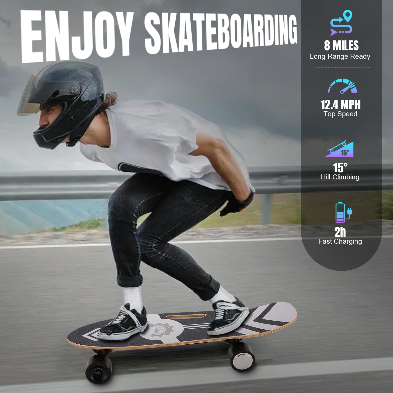 Caroma Electric Skateboard with Remote Control - 12.4 MPH Max Speed & 8 Mile Range - 3 Speed Modes Electric Longboard for Adults & Teens - Perfect for Commuting, Campus Travel & Outdoor Adventures
