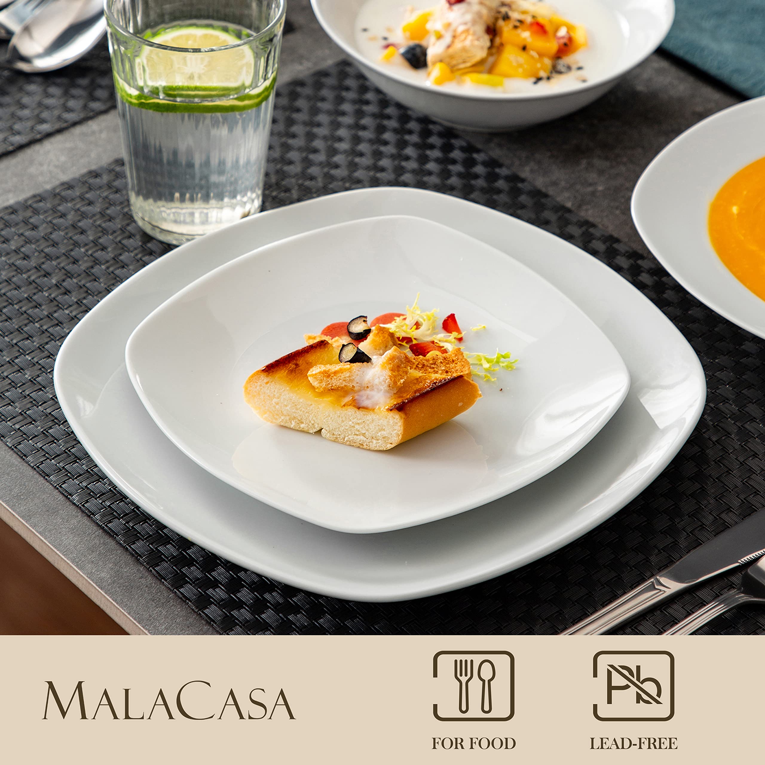 MALACASA 48-Piece Square Dinnerware Set - Gray & White Porcelain Plates and Bowls for 12 People | Lightweight Dish Set for Everyday Dining, Parties & Restaurant Use | Elisa Series Dinnerware Collection