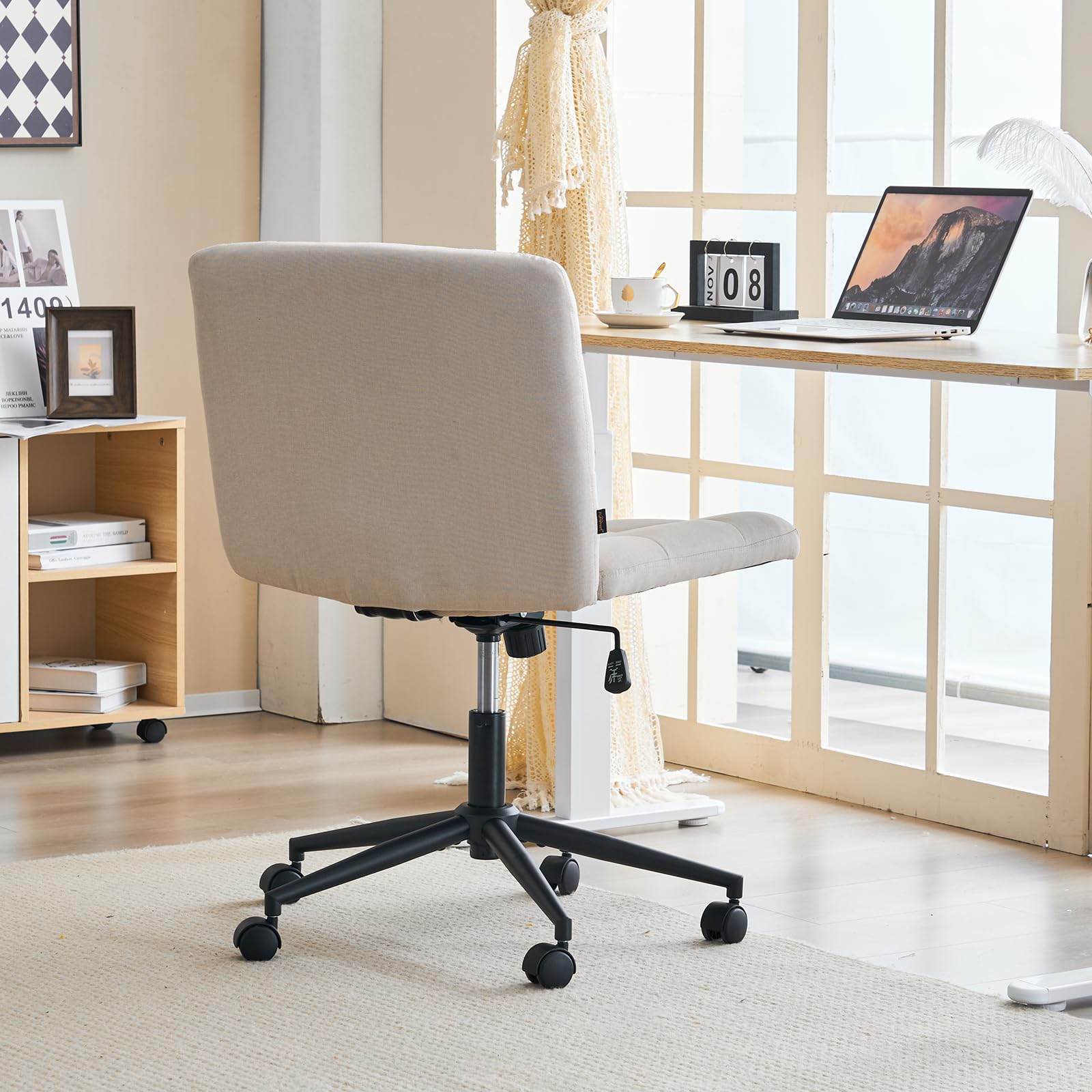 Furnimart Swivel Criss Cross Legged Office Chair with Wheels - Adjustable Height Armless Desk Chair for Home Office, Vanity & Bedroom - Comfortable Beige Seat for Working, Studying & Relaxing