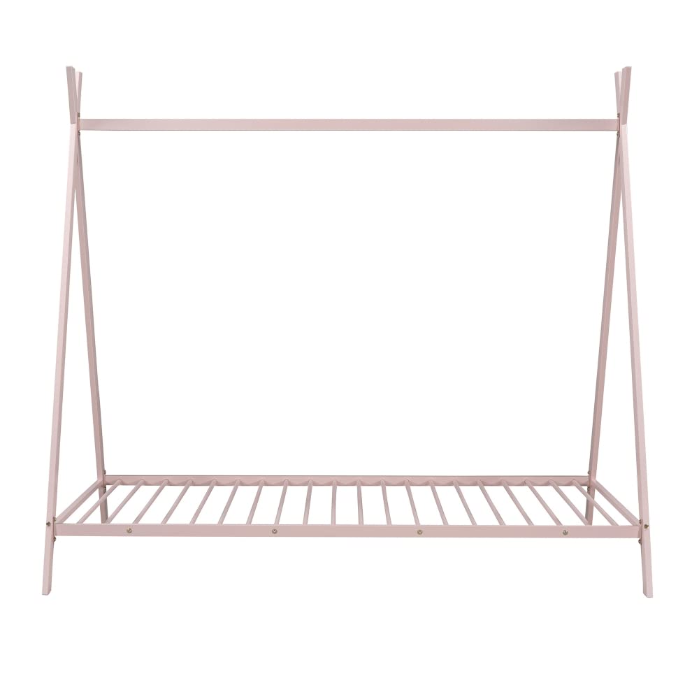 TRIPLE TREE Twin Size Metal House Bed Tent with 20 Slats - Montessori Floor Bed Frame for Kids & Teens (Pink) | No Box Spring Needed | Perfect for Playrooms, Bedrooms & Montessori Learning Spaces