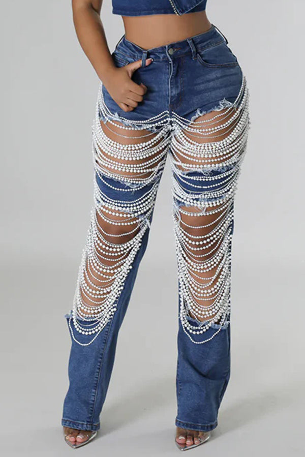 Fashionable Multi-Layered Pearl Chain Ripped Pocket Straight Leg Jeans for Women | Trendy High Waist Denim Pants for Casual Outfits & Streetwear