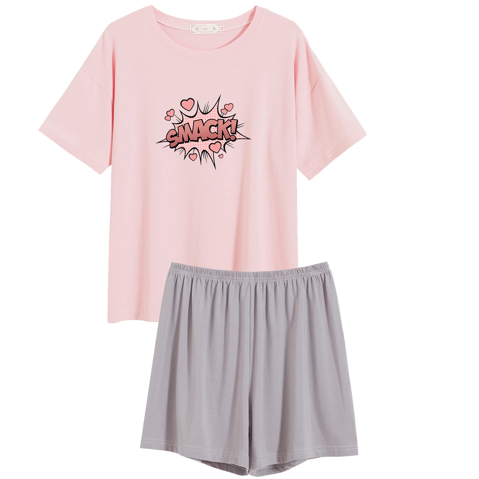 Weetiotio Women's Cute Letter Print Pajama Set - Summer Y2K Cartoon Tee & Shorts Nightwear - Soft Comfy Loungewear for Sleepovers, Relaxing at Home & Vacation