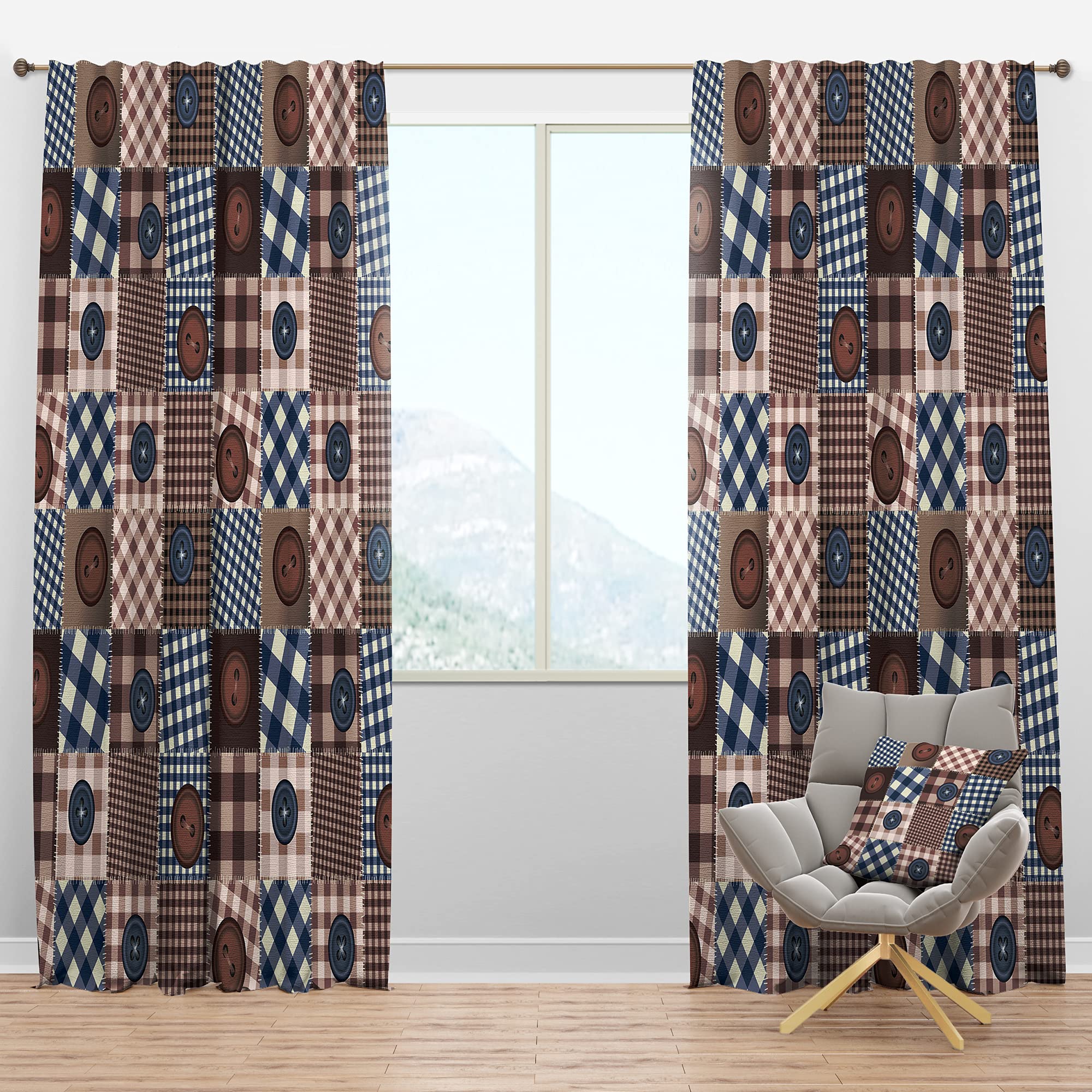 DesignQ Blackout Curtains with Buttons on Squared Patchwork - Thermal Insulated Single Panel (52x120 inches) for Bedroom & Living Room - Perfect for Light Blocking, Privacy & Energy Efficiency