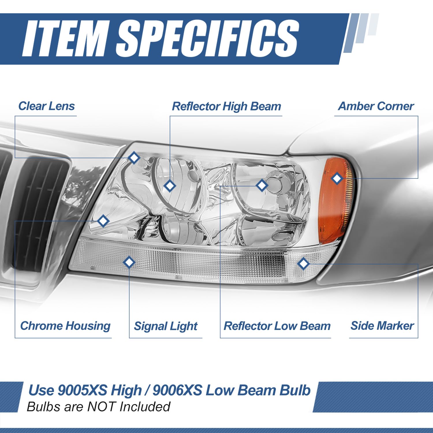 Auto Dynasty Halogen Headlights Assembly Replacement for 1999-2004 Jeep Grand Cherokee WJ - Driver & Passenger Side Headlamps (CH2502121 CH2503121) with Chrome Housing & Amber Corner - Perfect for Night Driving & Off-Road Adventures