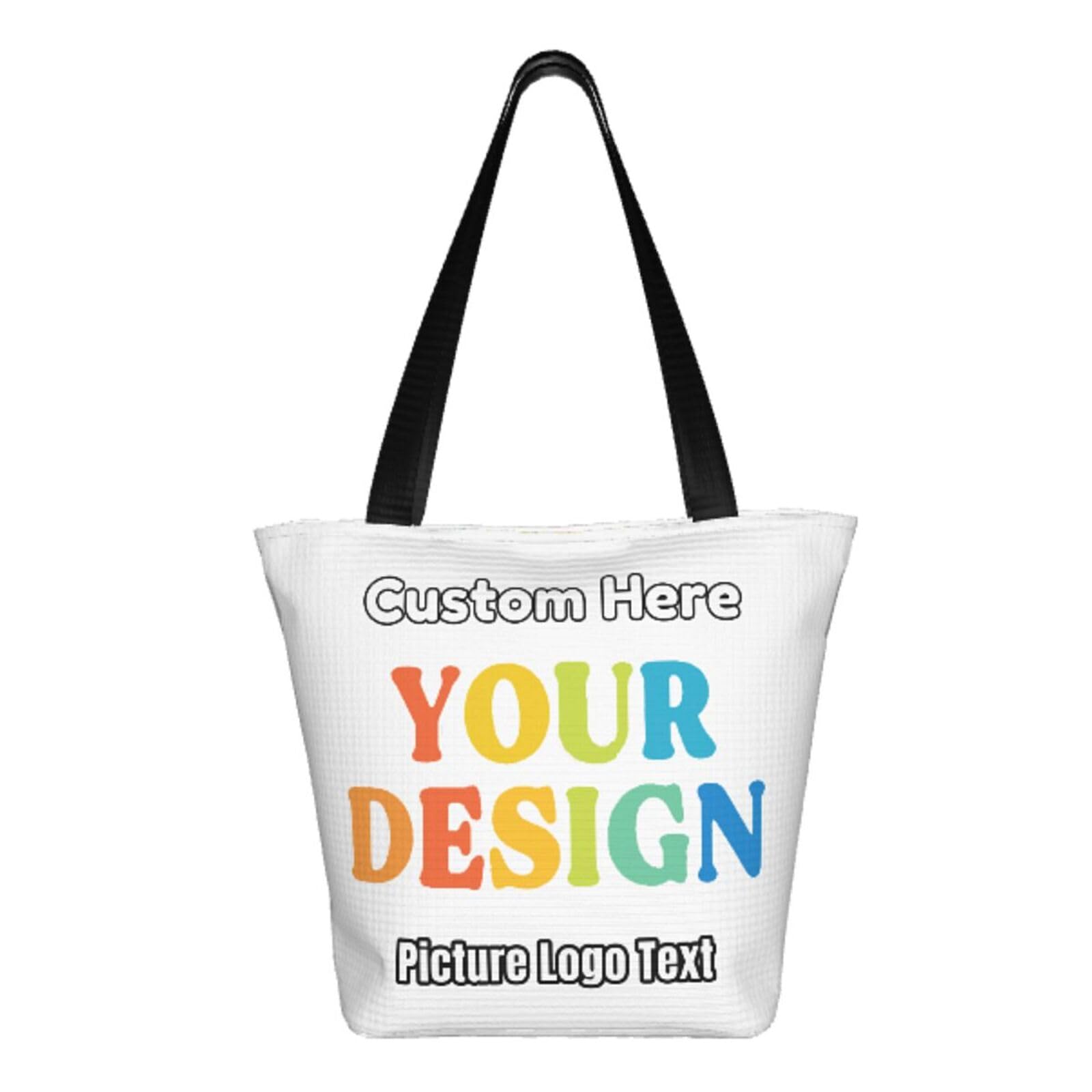 Custom Zipper Tote Bag - Personalized Reusable Shopping Bag with Photo/Text Printing - Durable Shoulder Handbag for Women - Perfect for Beach, Wedding, Travel & Work Commute