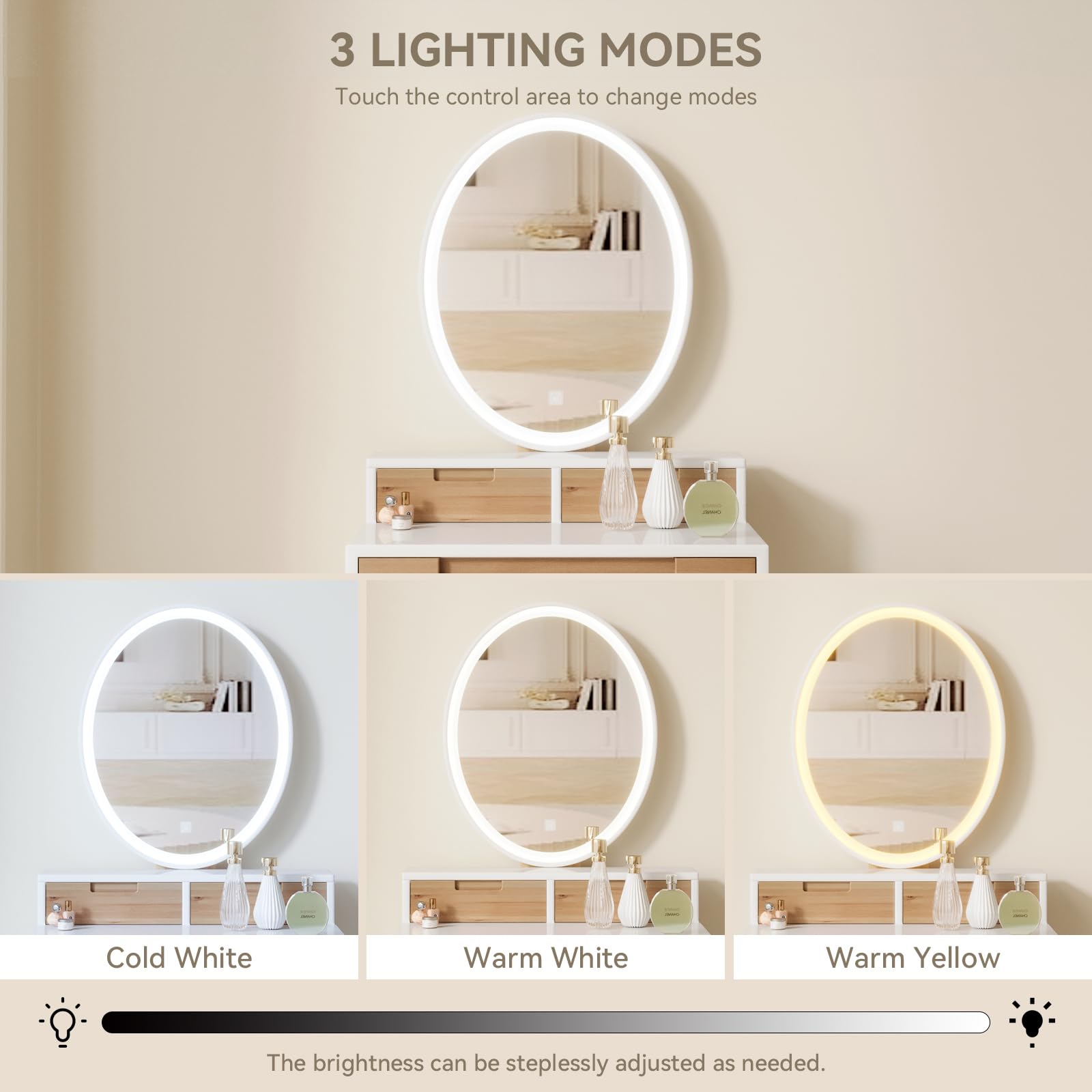 YOURLITE Small Makeup Vanity Desk with LED Lights - Adjustable Brightness Mirror, Compact Dressing Table with Drawers & Storage Shelves for Small Spaces - Perfect for Bedroom, Apartment & Dorm Room Beauty Setup
