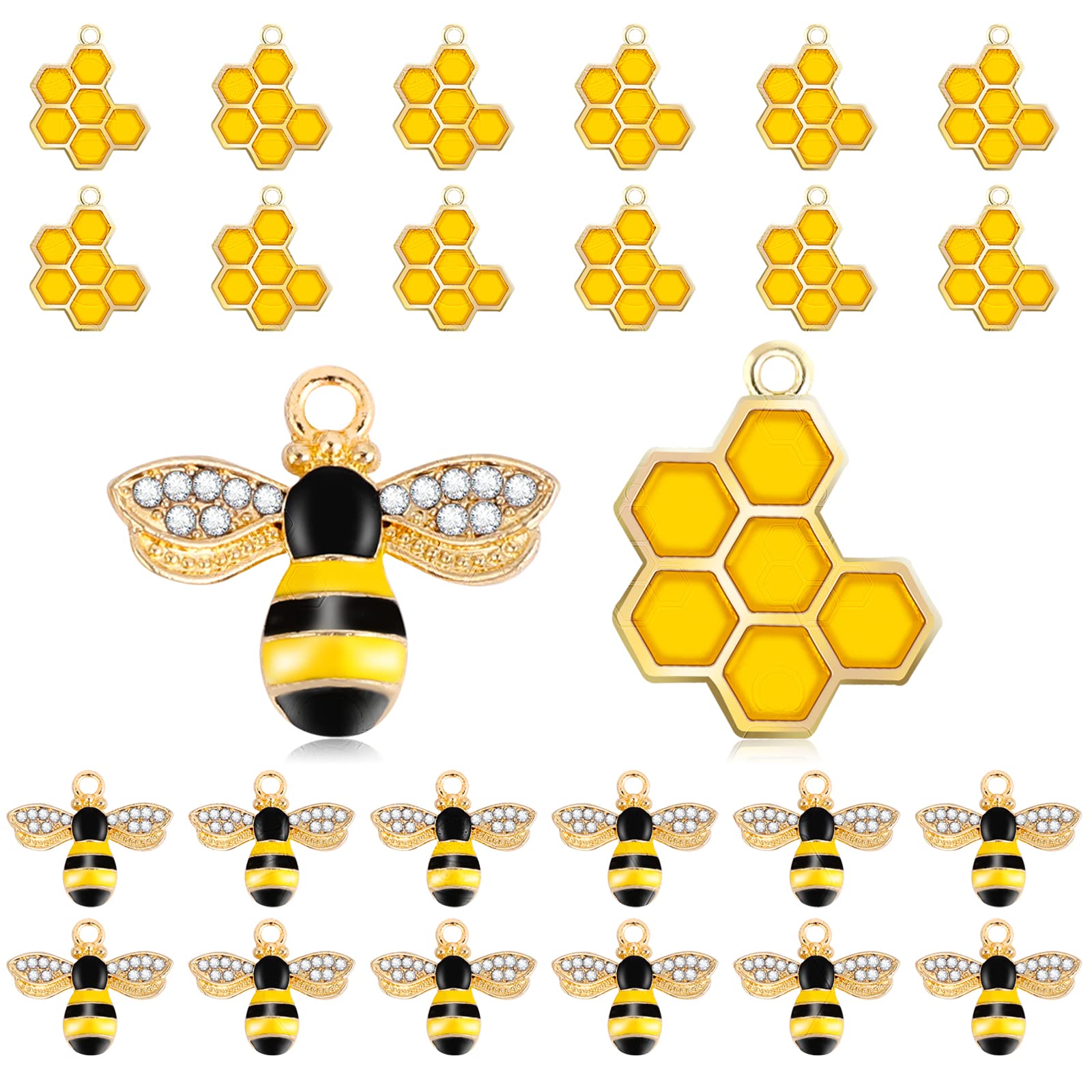 24Pcs Bee Charms - Alloy Enamel Honeycomb Pendants with Rhinestones for DIY Jewelry Making, Earrings & Keychains (12 Bees + 12 Honeycombs) - Perfect for Crafting, Gifts & Boho Style Accessories