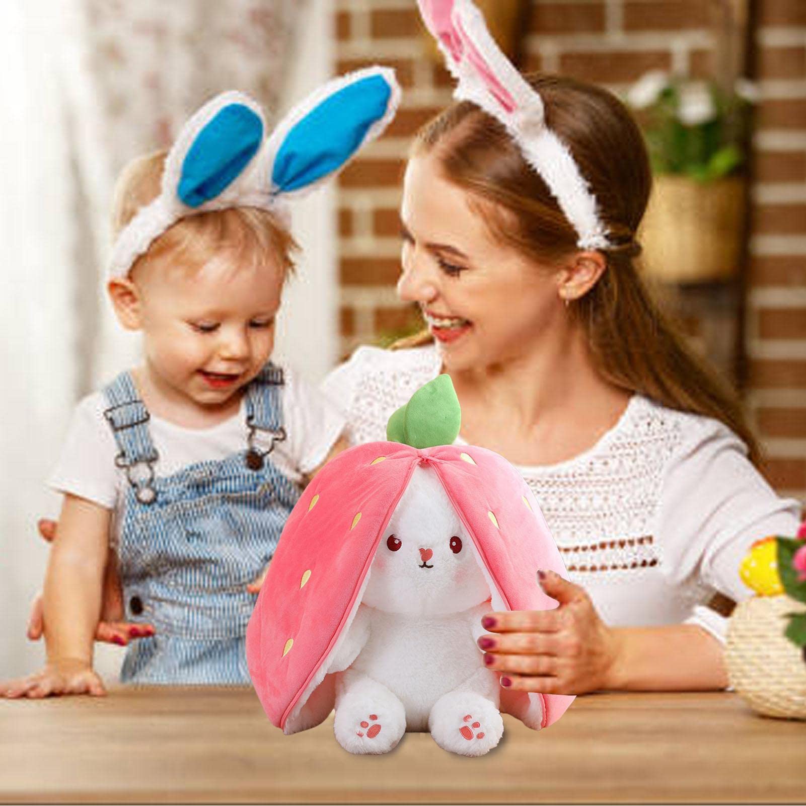 Luckxing Rabbit Hide and Seek Plush Toy - Soft Easter Bunny Stuffed Animal Wrapped in Carrot or Strawberry - Cute Birthday Gift for Kids & Easter Decorations - Perfect for Easter Basket Stuffers, Nursery Decor, and Children's Gifts