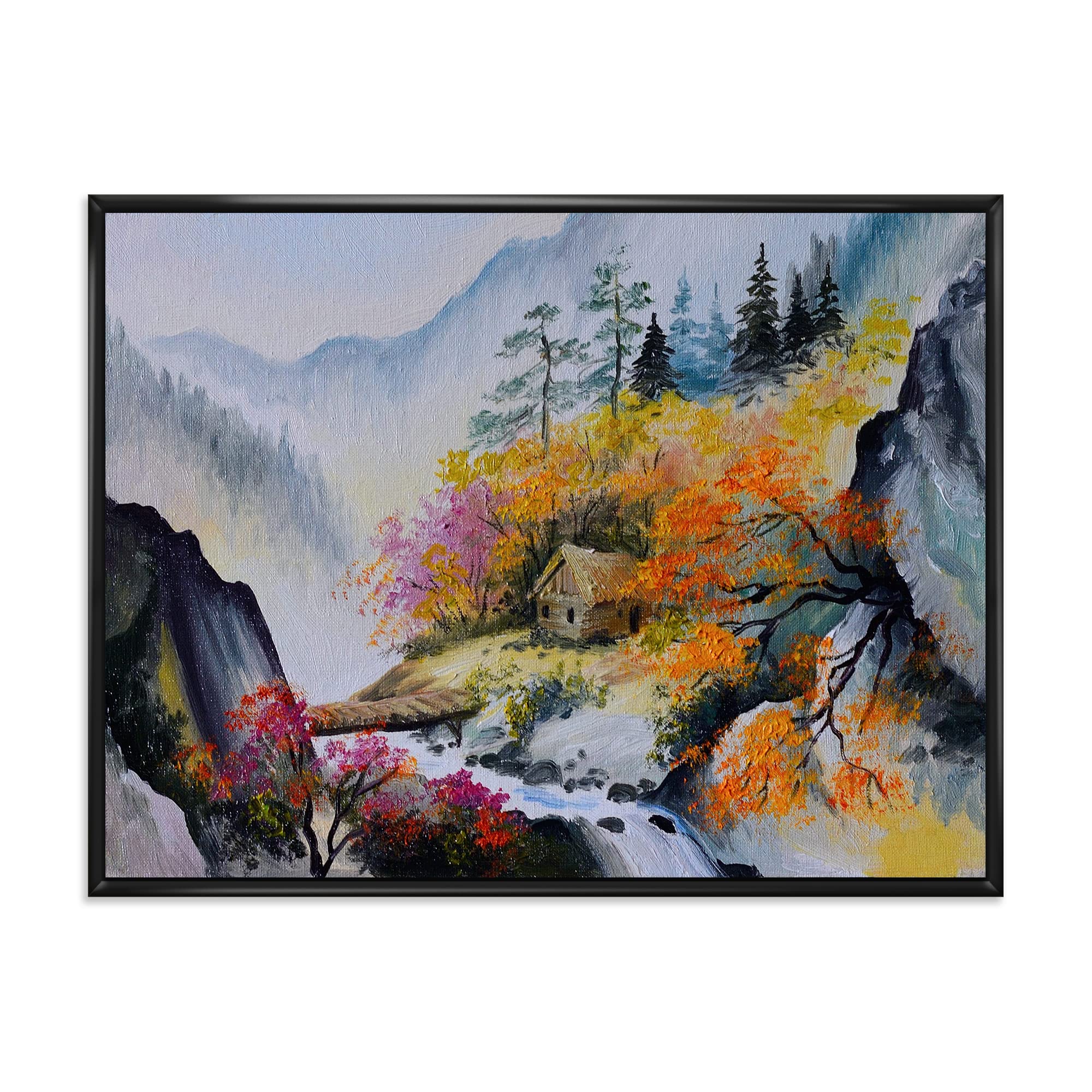 DesignQ Little House in Vibrant Mountain Landscape - Traditional Framed Canvas Wall Art Print for Living Room, Bedroom & Office Decor | Nature Inspired Home Decorations