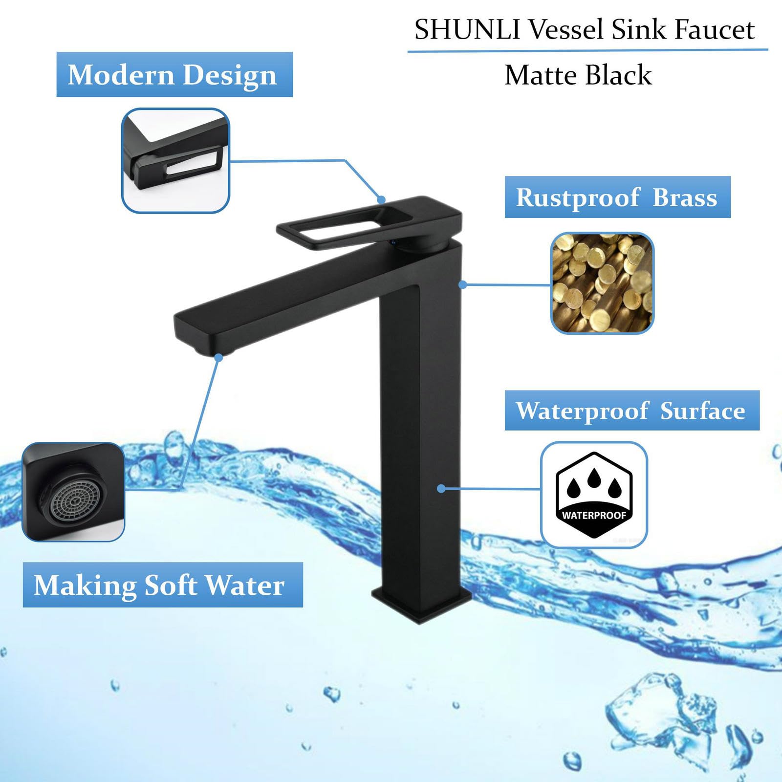 SHUNLI Matte Black Single Hole Tall Bathroom Sink Faucet - Modern Single Handle Vessel Sink Faucet with Lavatory Mixer Tap for Bathroom Vanity - Perfect for Modern Homes, Luxury Hotels & Spa Retreats