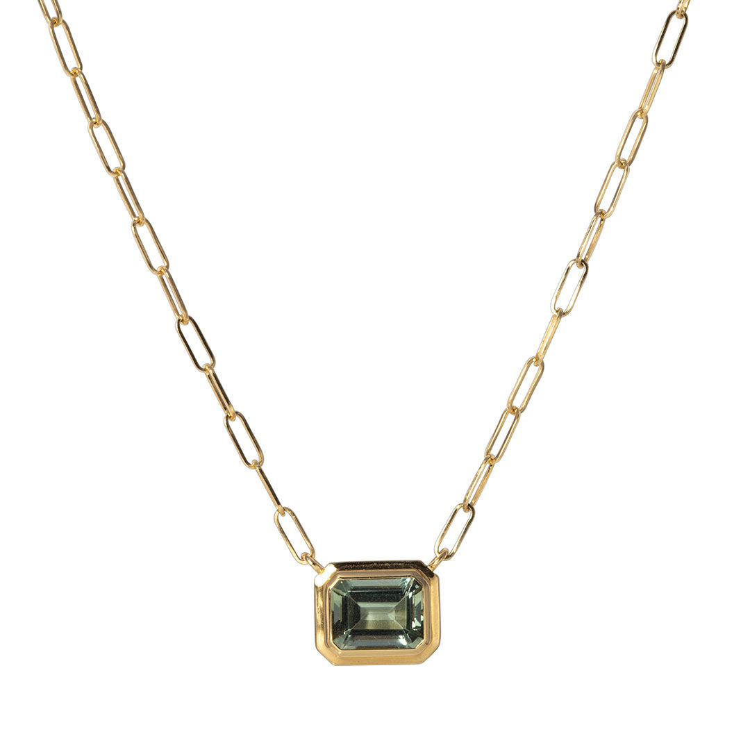 Exquisite 18K Gold Emerald Cut Prasiolite Pendant Necklace | Elegant Green Gemstone Jewelry for Women | Perfect for Weddings, Parties & Special Occasions