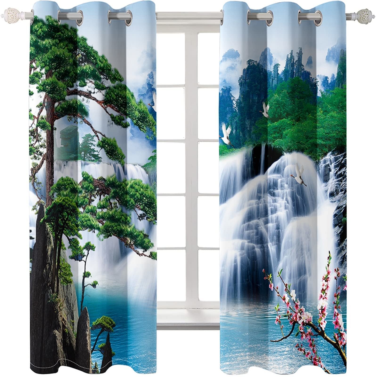 3D Printed Waterfall Pine Trees Blackout Curtains - Green Blue White Thermal Insulated Grommet Drapes (52