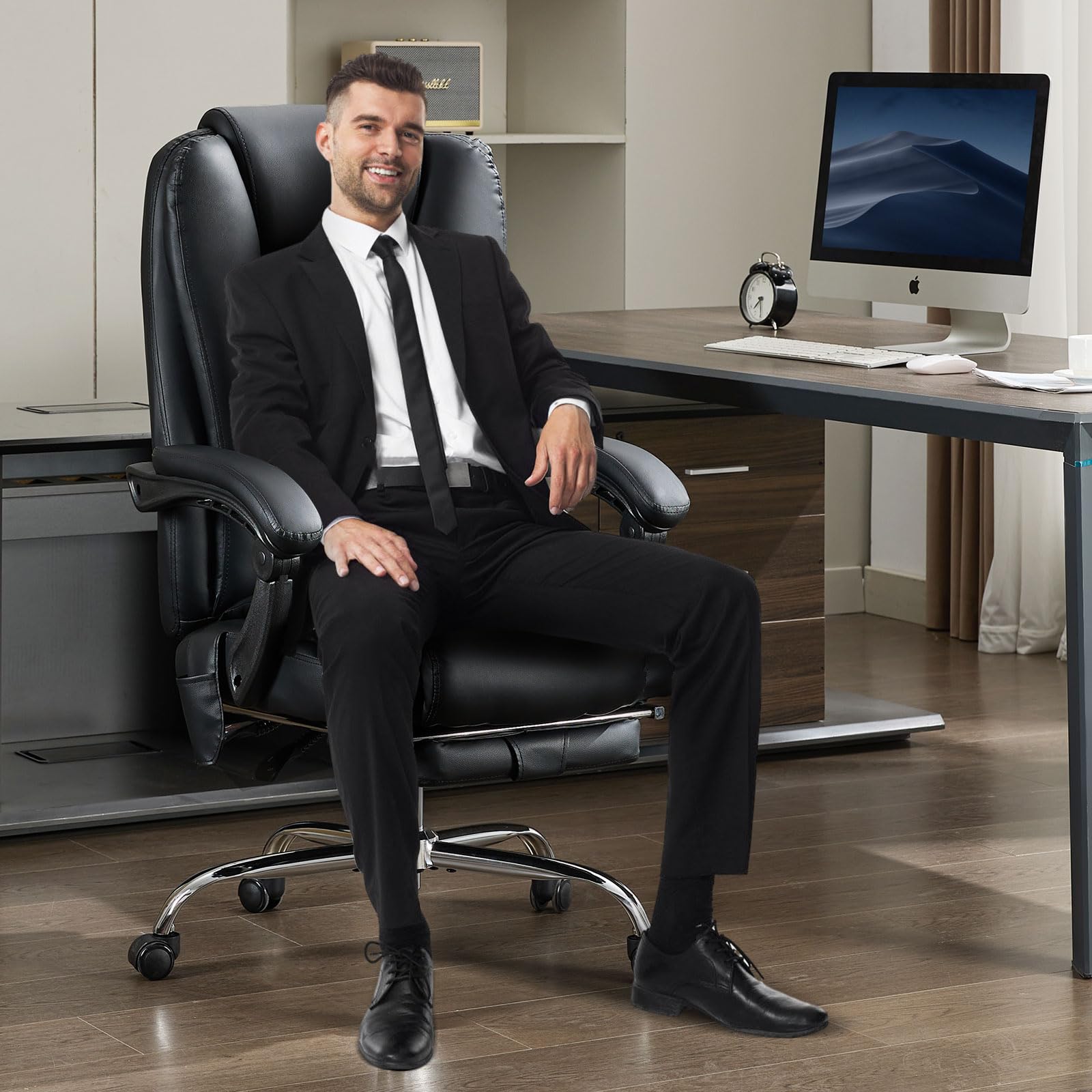 Premium Massage Office Chair with Heat & 6 Vibration Points - Ergonomic Executive Chair with Footrest, Padded Armrests, Reclining Backrest & Smooth-Rolling Wheels - Perfect for Home Office, Gaming & Relaxation