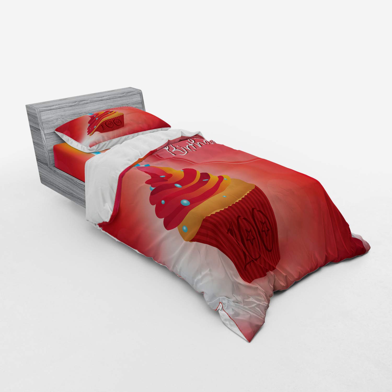 Ambesonne 100th Birthday Bedding Set - 3 Piece Duvet Cover with Sham & Fitted Sheet, Twin Size, Pink Red Orange Cupcake Candle Design - Perfect for 100 Years Celebration Party Decorations & Gift Ideas