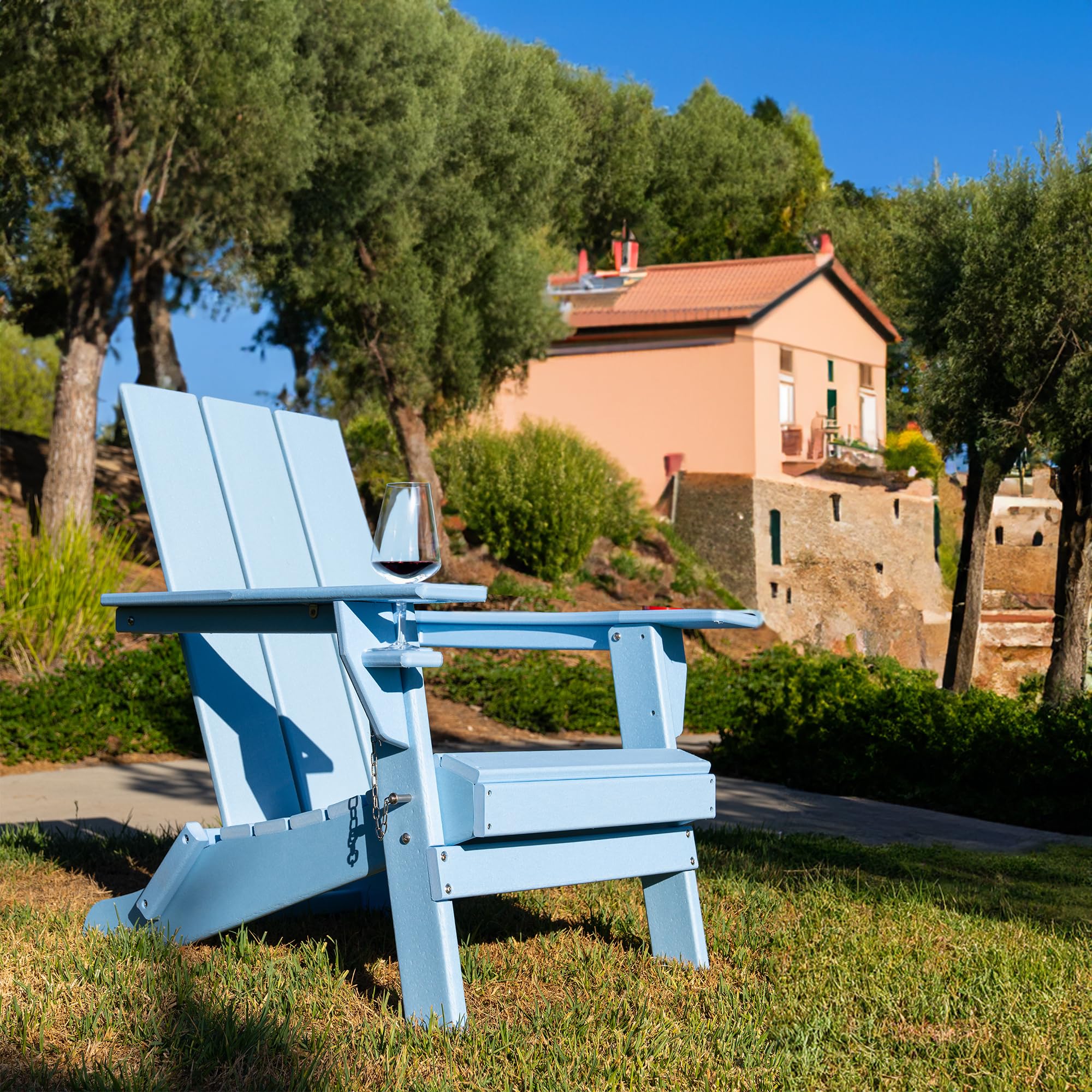 ResinTeak Folding Adirondack Chair with Cup Holder - Extra Wide Comfort Seat, Outdoor Patio Furniture for Backyard, Deck, Poolside & Fire Pit - Newport Collection (Blue) - Perfect for Relaxing, Sunbathing & Outdoor Gatherings