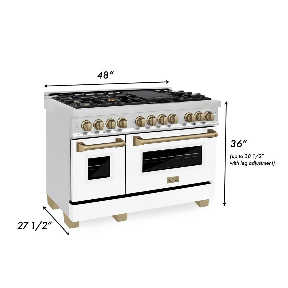 ZLINE Autograph Edition 48-inch Stainless Steel Dual Fuel Range with White Matte Door, Range Hood & Dishwasher - Champagne Bronze Accents (3AKP RAWMRHDWM48 CB) | Premium Kitchen Package for Modern Homes & Professional Chefs