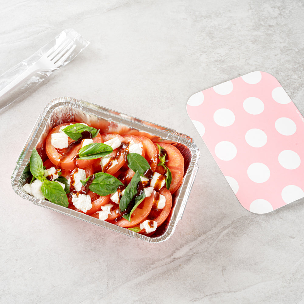 16 oz Pink Aluminum Take Out Containers with Polka Dot Paper Lids - 7.25