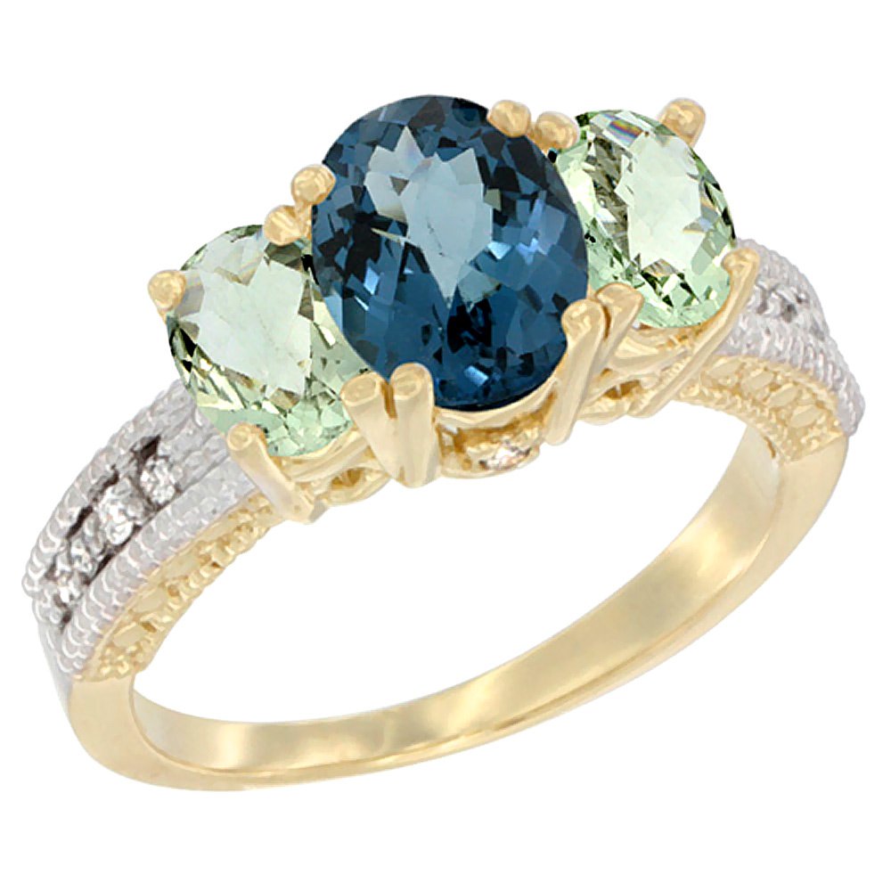 10K Yellow Gold Natural London Blue Topaz & Green Amethyst Oval 3-Stone Diamond Ring | Size 5-10 | Elegant Engagement, Anniversary Gift for Her
