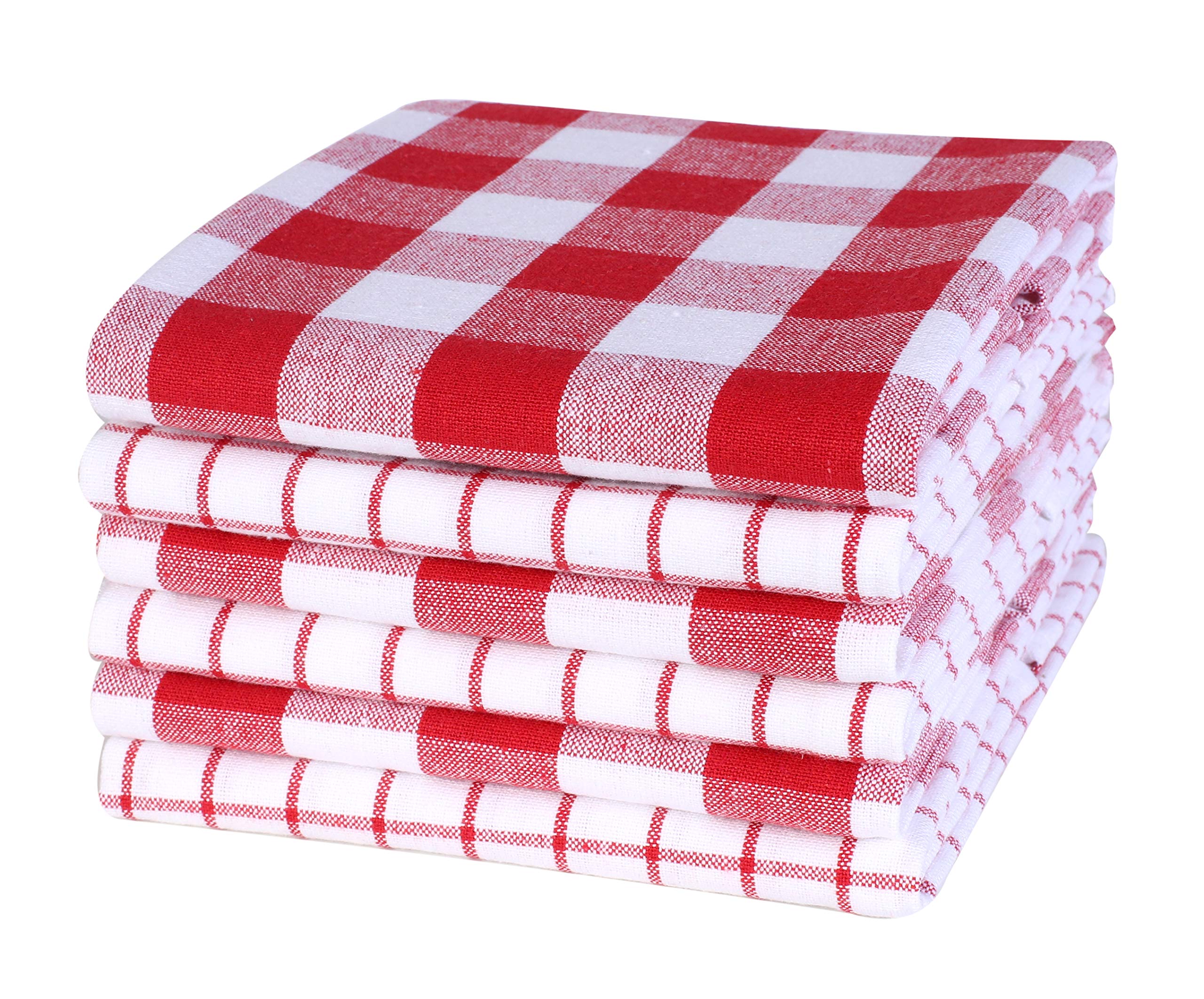 Premium 18x28 Inch Plaid Woven Kitchen Towels - 100% Cotton Quick-Dry Absorbent Dish Cloths (Set of 6) - Red/White Pattern for Tea Towels, Bar Mops & Kitchen Cleaning - Perfect for Dish Drying, Counter Wiping & Hand Towel Use