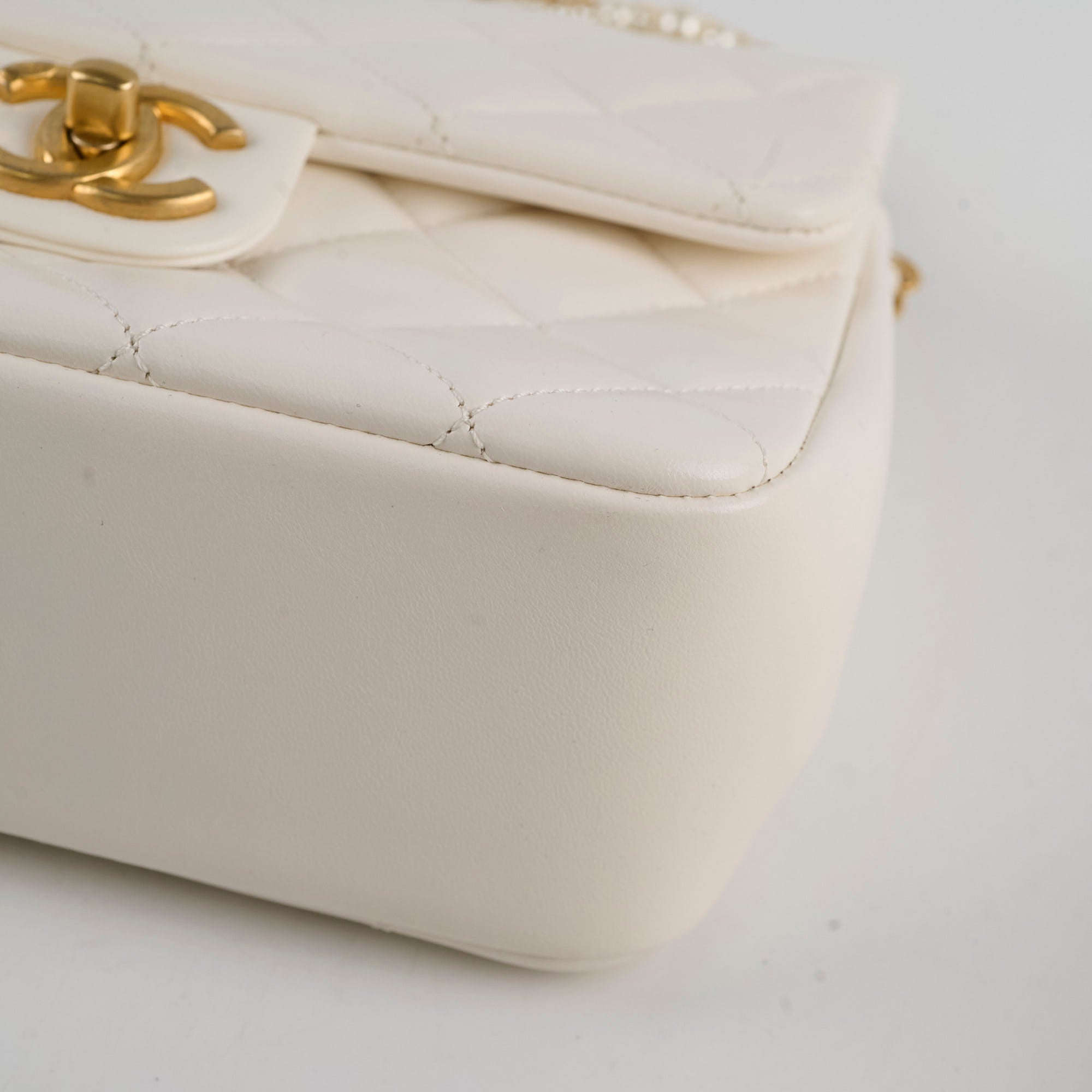 Chanel Square Seasonal Pearl Flap Bag in White Lambskin Leather with Microchip - Luxury Designer Handbag for Women, Perfect for Parties, Weddings & Special Occasions