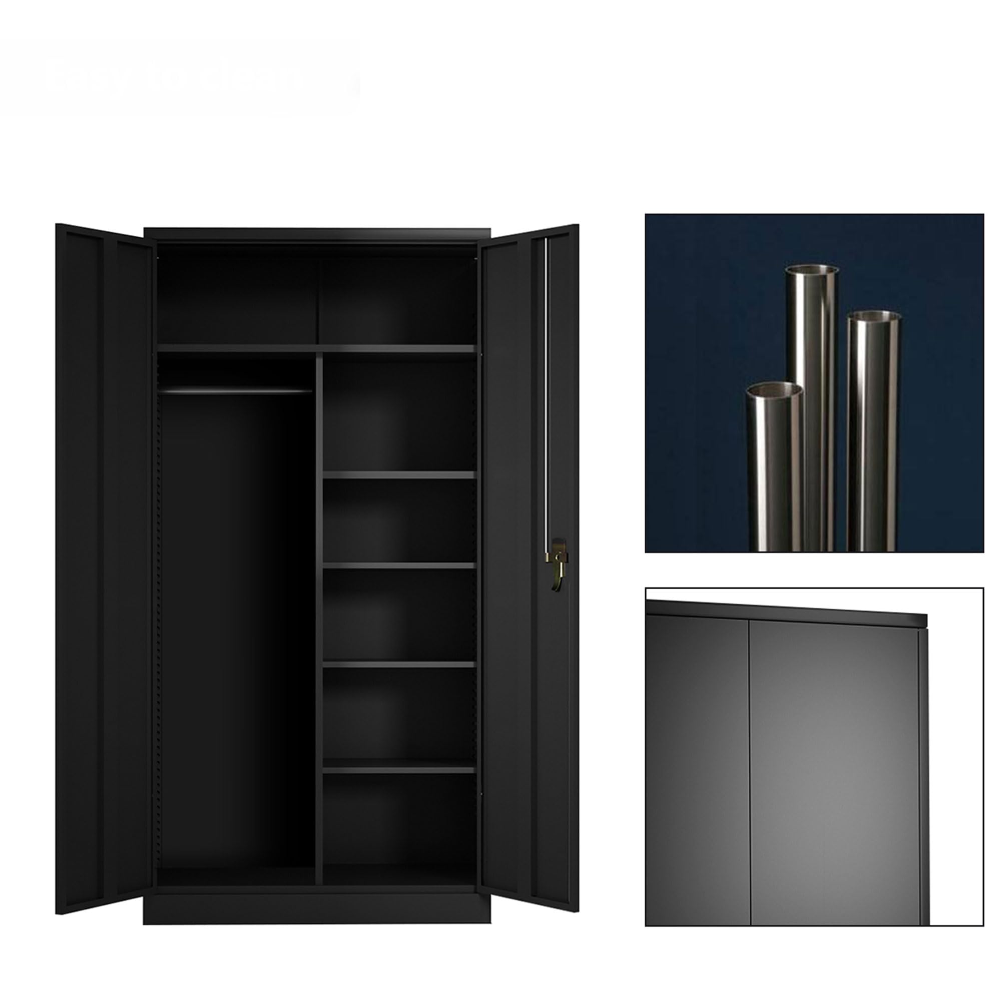 Aobabo Large Metal Wardrobe Storage Cabinet with 3 Adjustable Shelves, Hanging Rod & Lockable Doors - Perfect for Bedroom Closet, Garage Organization & Entryway Storage (Black)