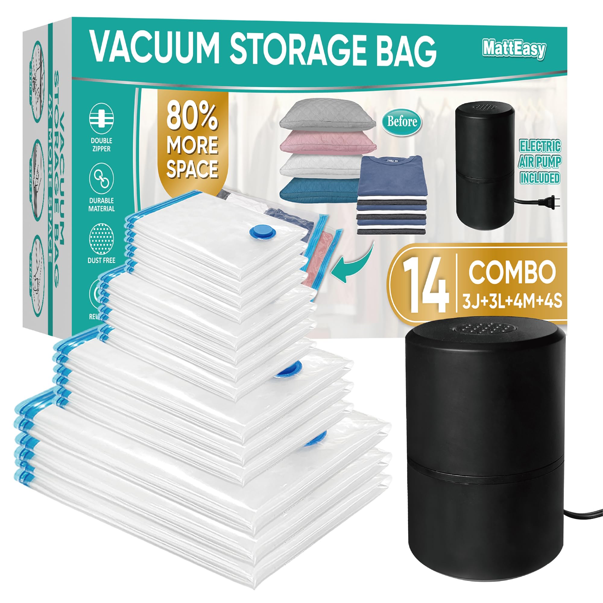 Electric Vacuum Storage Bags 14-Pack (3 Jumbo/3 Large/4 Medium/4 Small) - Space Saving Vacuum Sealed Bags for Clothes, Comforters, Blankets & Bedding | Includes Electric Pump for Easy Home Organization & Travel Storage