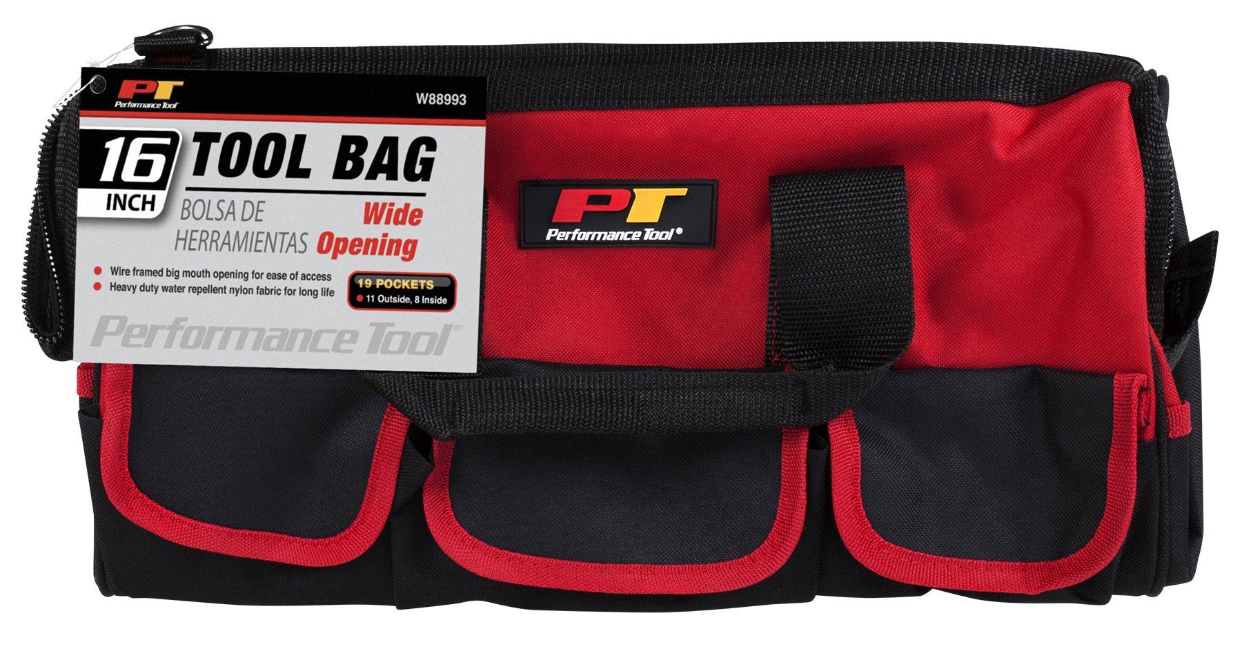 Performance Tool W88993 16-inch Heavy Duty Wide Mouth Tool Bag with Reinforced Base & 16 Pockets - Durable Storage for Electricians, Plumbers & DIY Projects
