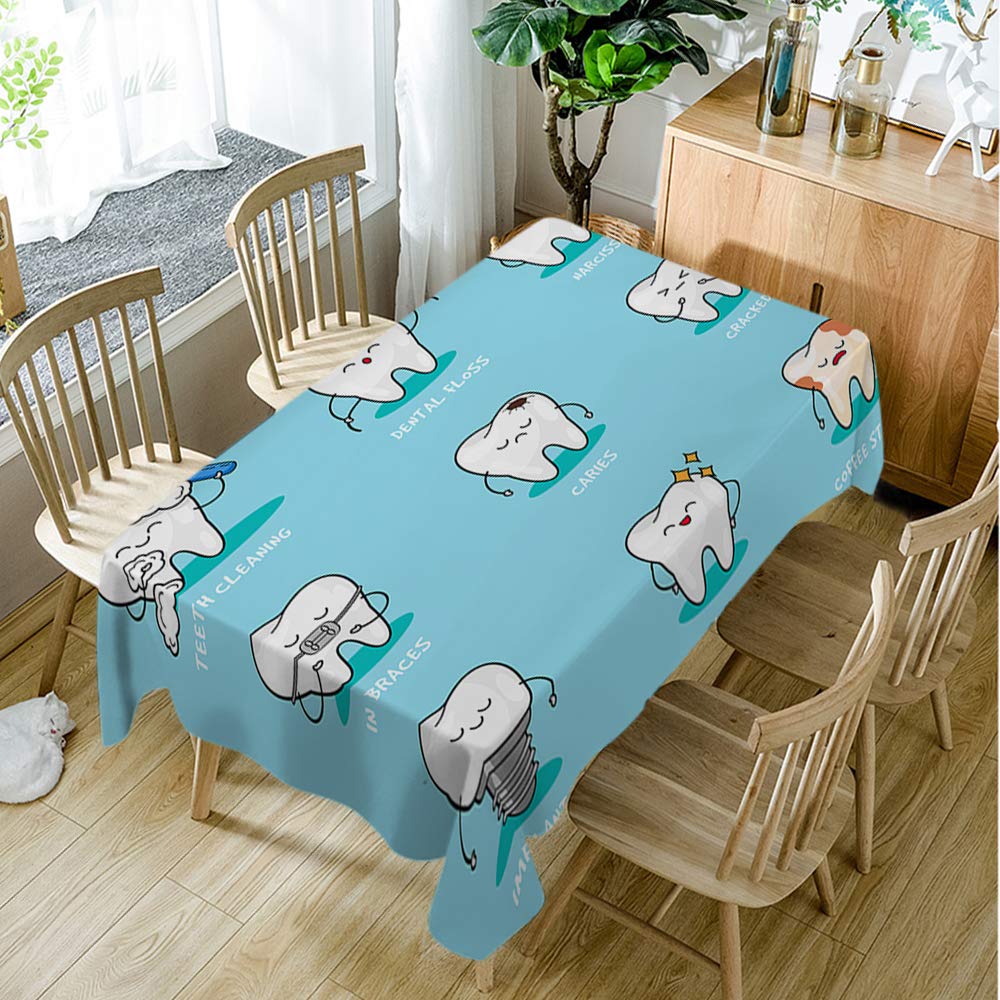 Happy Teeth Pattern Cute Cartoon Doodle Tablecloth - 60x84 Inch Funny Halloween Table Cover for Scary Movie Nights, Dinner Parties & Home Decor - Washable & Durable Kitchen Dining Decor
