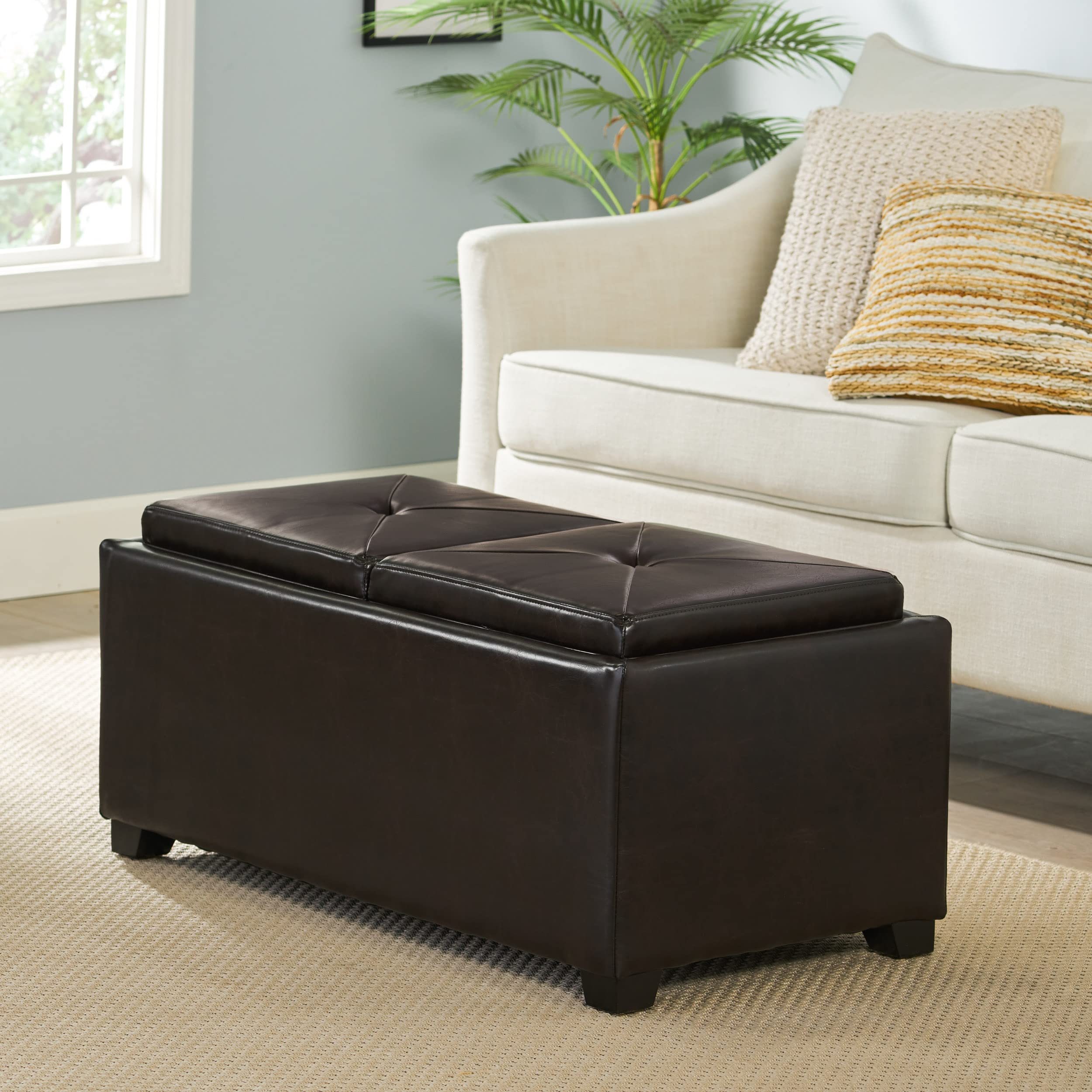 Christopher Knight Home Maxwell Leather Tray Ottoman in Espresso - Stylish Leather Storage Ottoman with Tray Top for Living Room, Bedroom & Office