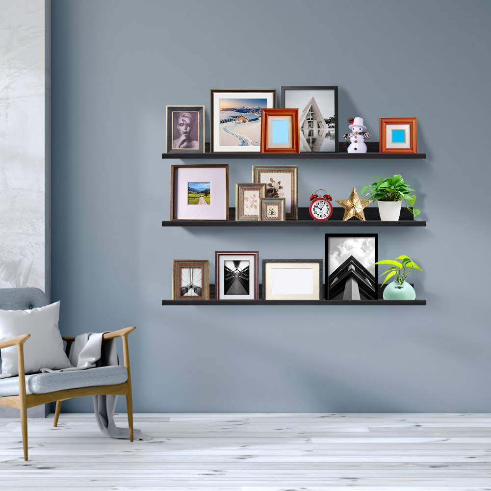 Lavezee 47 Inch Long Floating Picture Ledge Shelves - Set of 3 Black Wall Mount Display Shelves for Photos, Decor & Books | Perfect for Nursery, Office, Bedroom, Living Room & Kitchen Organization & Decoration