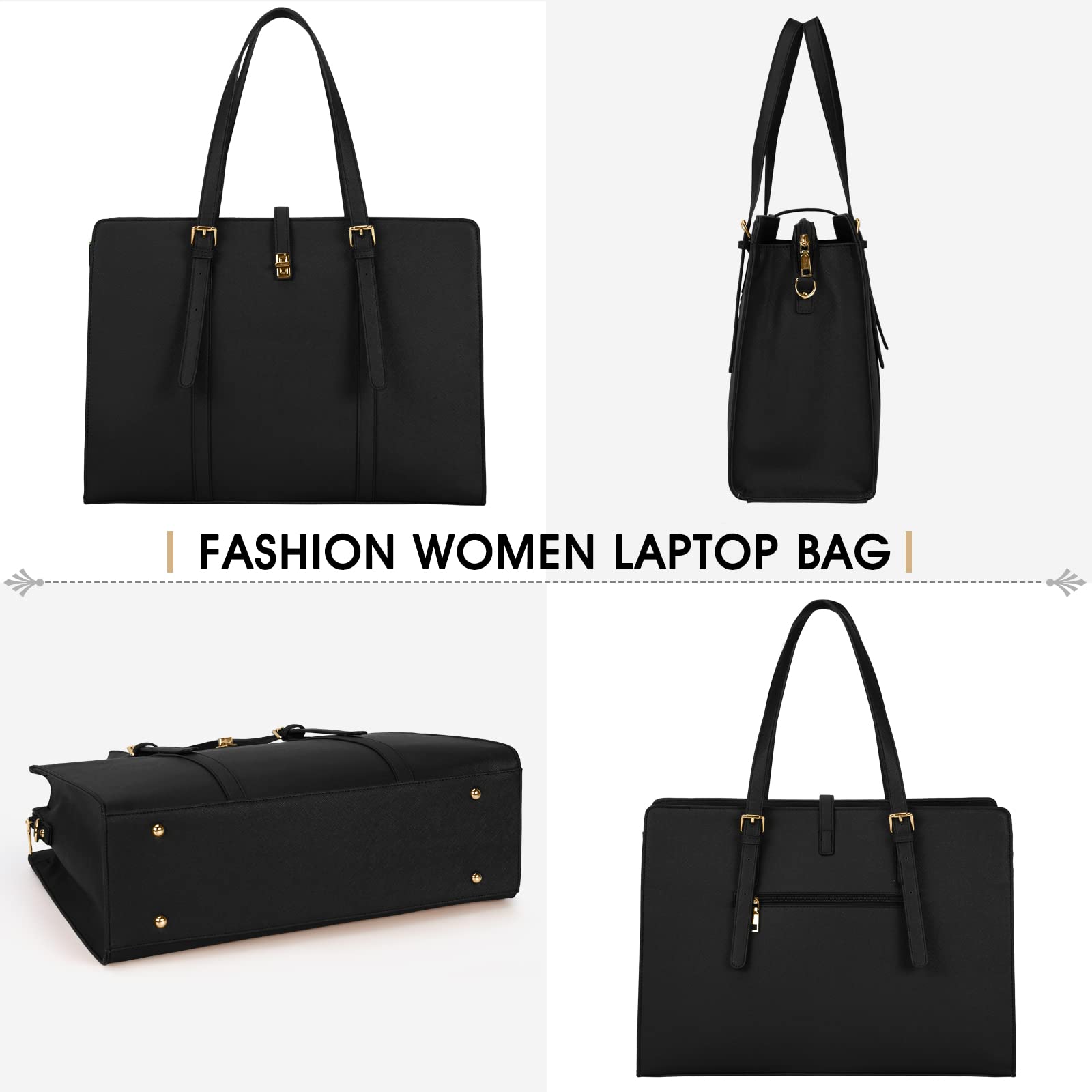 15.6 Inch Leather Laptop Tote Bag for Women - Waterproof Lightweight Professional Business Office Shoulder Bag - Large Travel Handbag for Work, Commute, and Meetings - Black