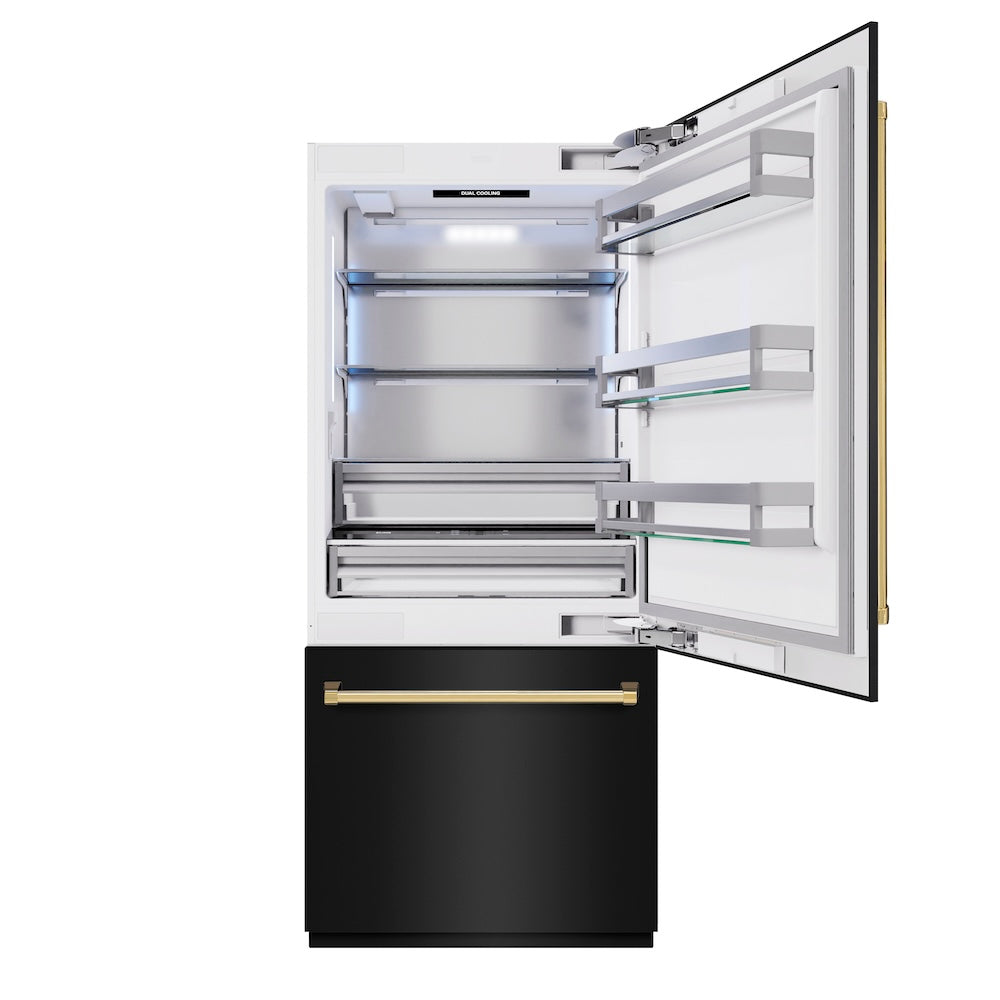 ZLINE Autograph Edition 36 Inch Built-In Bottom Freezer Refrigerator - 19.8 cu ft Capacity, Black Stainless Steel with Gold Accents, Water Dispenser & Ice Maker - Perfect for Modern Kitchens, Open Concept Homes & Luxury Appliances Upgrade