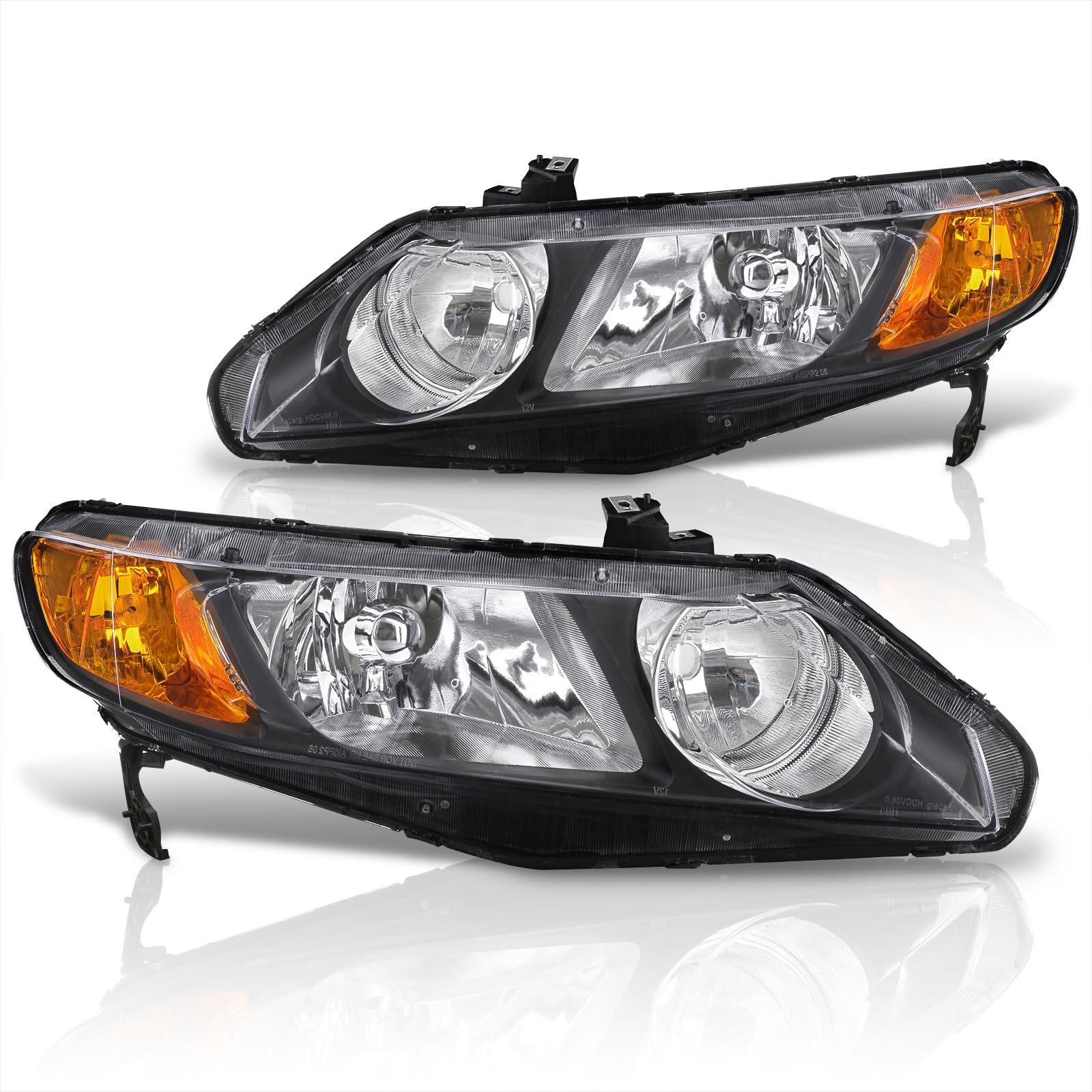 Black Housing Clear Lens Headlights for Civic Sedan 2006-2011 - Amber Reflector Bumper Lamps Pair for Night Driving