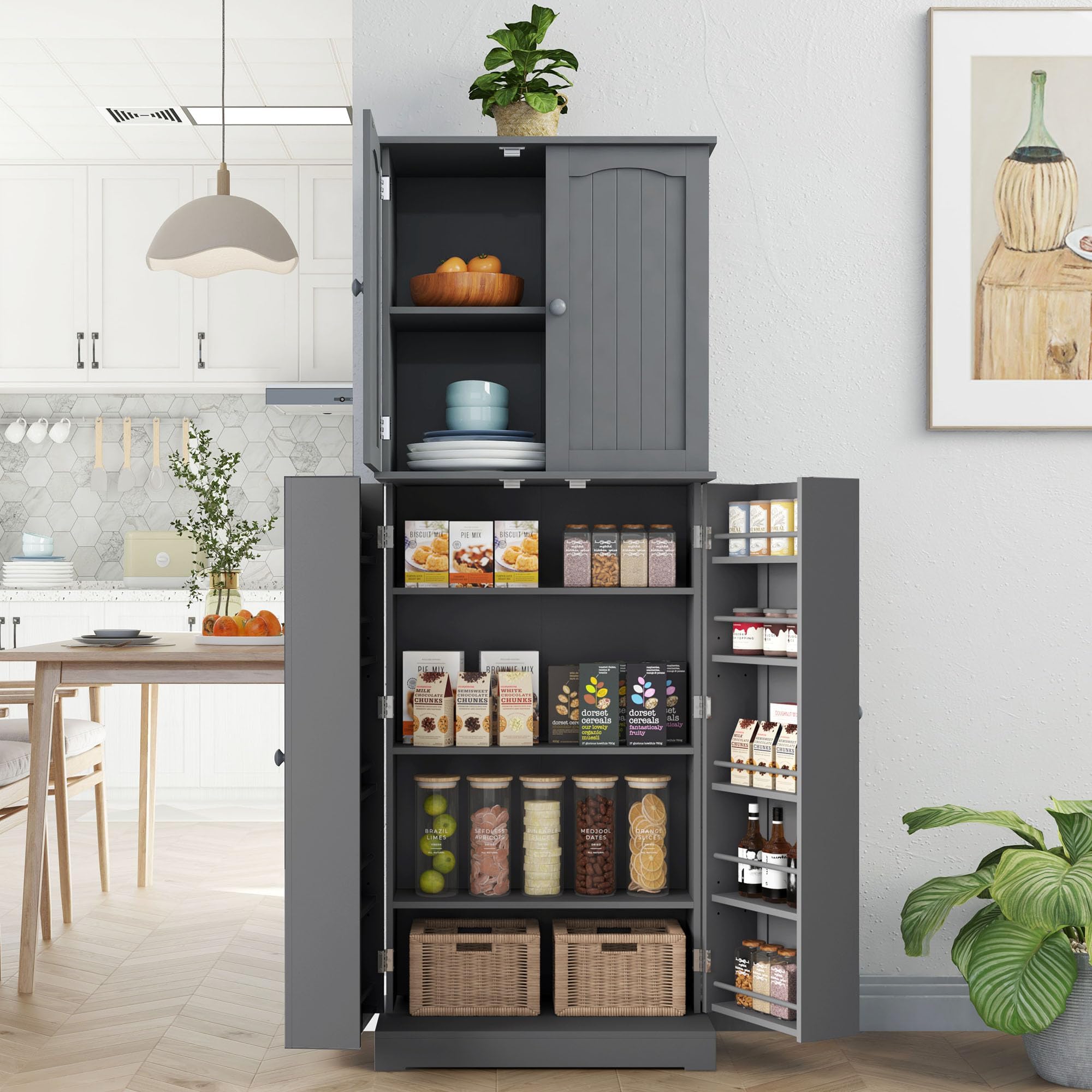 Yusong 64-Inch Tall Kitchen Pantry Cabinet with Doors & Adjustable Shelves - Free Standing Storage Organizer for Food, Dishes & Kitchen Supplies - Perfect for Kitchen, Dining Room & Living Room - Space-Saving Grey Cabinet
