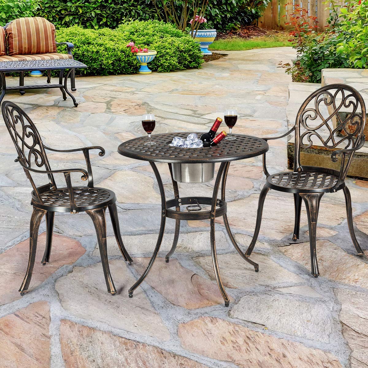Giantex 3-Piece Outdoor Bistro Set - Cast Aluminum Round Patio Table with Removable Ice Bucket & 2 Chairs - Antique Bronze Weather-Resistant Garden Furniture for Backyard, Poolside & Balcony Relaxation