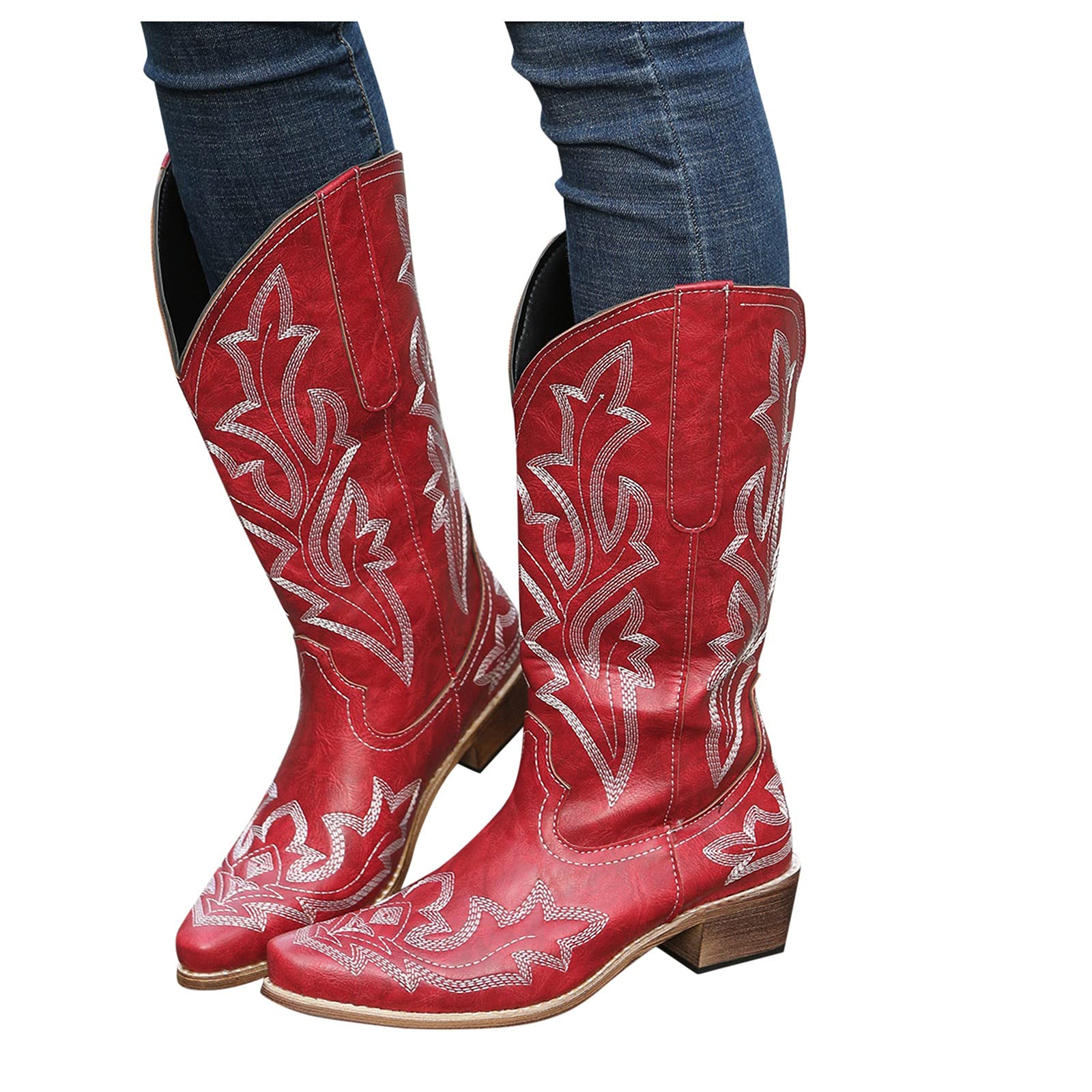 Women's Mid Calf Western Cowboy Boots - Low Heel Embroidery Cowgirl Boots with V-Cut Square Toe & Wide Width | Perfect for Casual Wear, Country Dancing & Western Fashion Outfits