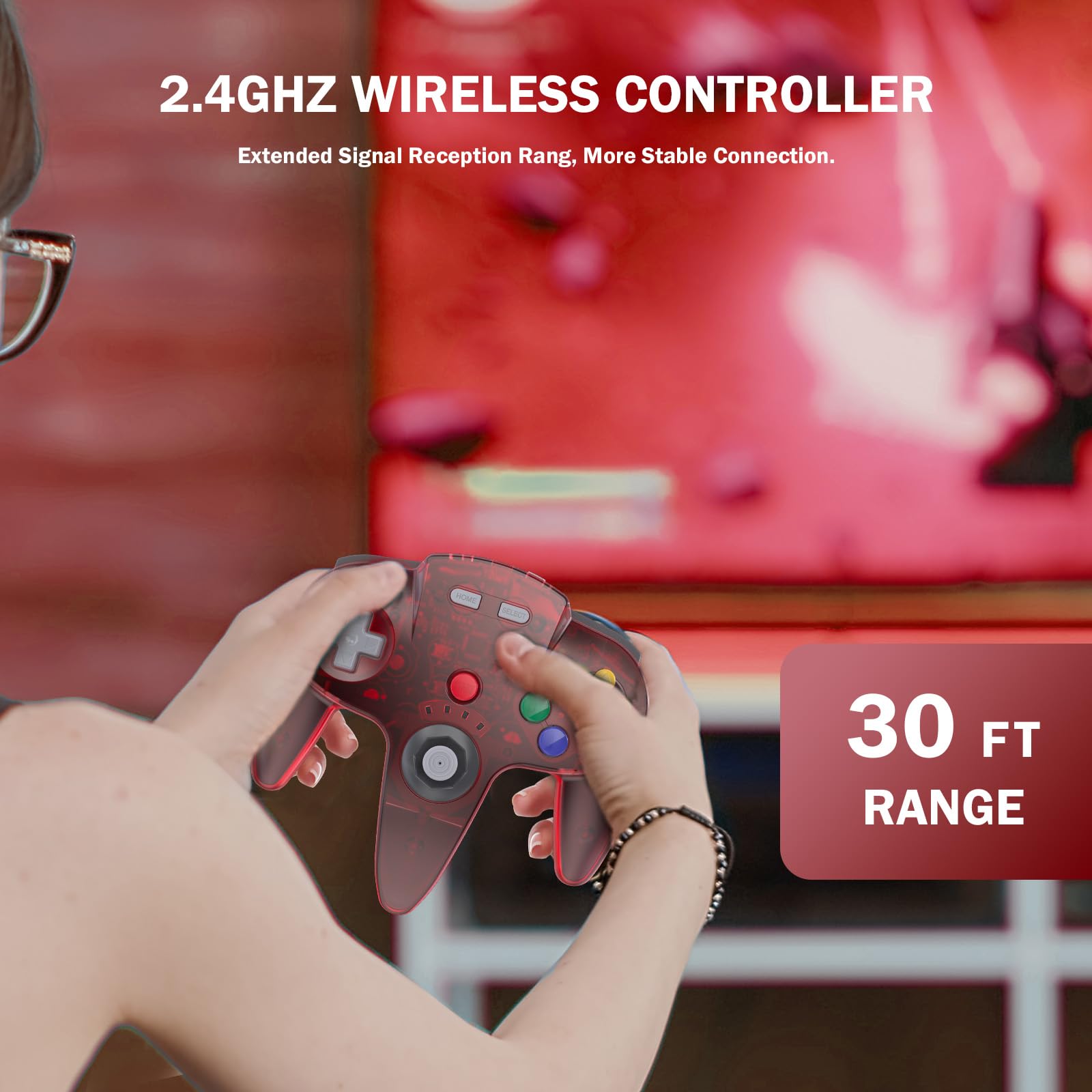 KIWITATA 2 Pack Wireless N64 Controller for Switch, Raspberry Pi, N64, MAC, PC - 2.4GHz Rechargeable Game Joystick for Windows 7/8/10/11, Clear Red - Perfect for Retro Gaming and Multiplayer Fun