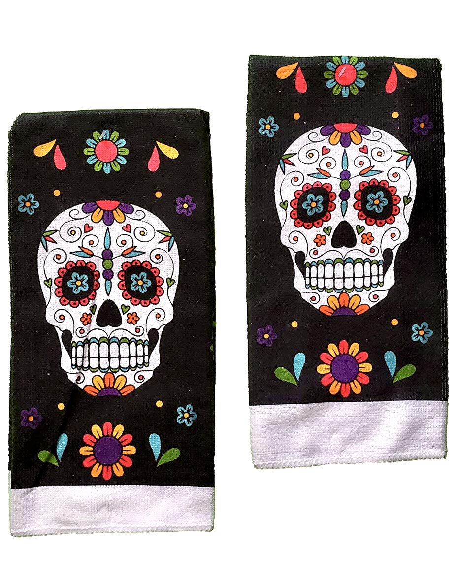 Halloween Day of The Dead Sugar Skull Towel Set of 2 | Decorative Kitchen & Bathroom Hand Towels | Festive Holiday Decor | Perfect for Halloween Parties, Dia de Los Muertos Celebrations & Seasonal Home Styling