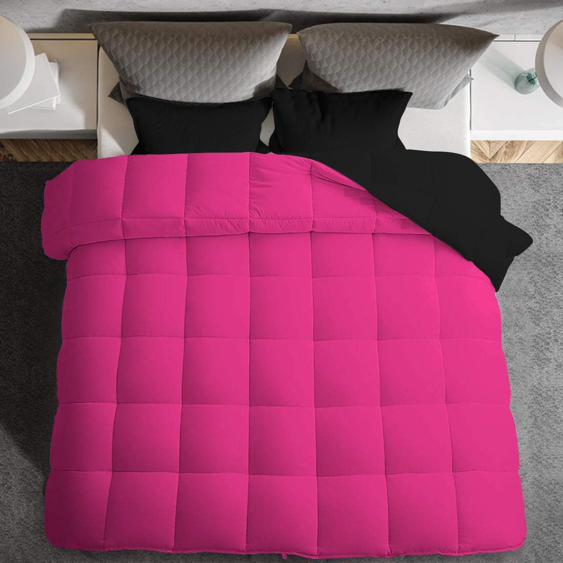 All-Season 3-Piece Reversible Down Alternative Comforter Set - 500 GSM Soft Cotton Quilted Bedding | Queen/Full Size in Black & Hot Pink | Perfect for Year-Round Comfort in Bedroom, Guest Room & Dorm