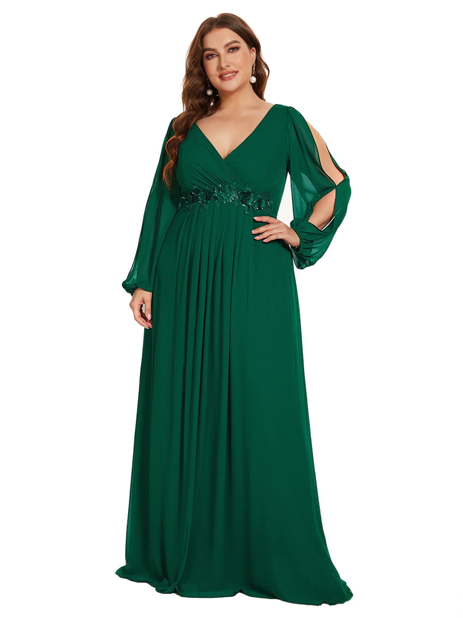 Ever-Pretty Plus Size Women's Formal Dress with V-Neck & Lantern Sleeves | Floral Applique Floor Length Gown for Curvy Women | Perfect for Weddings, Prom & Evening Events