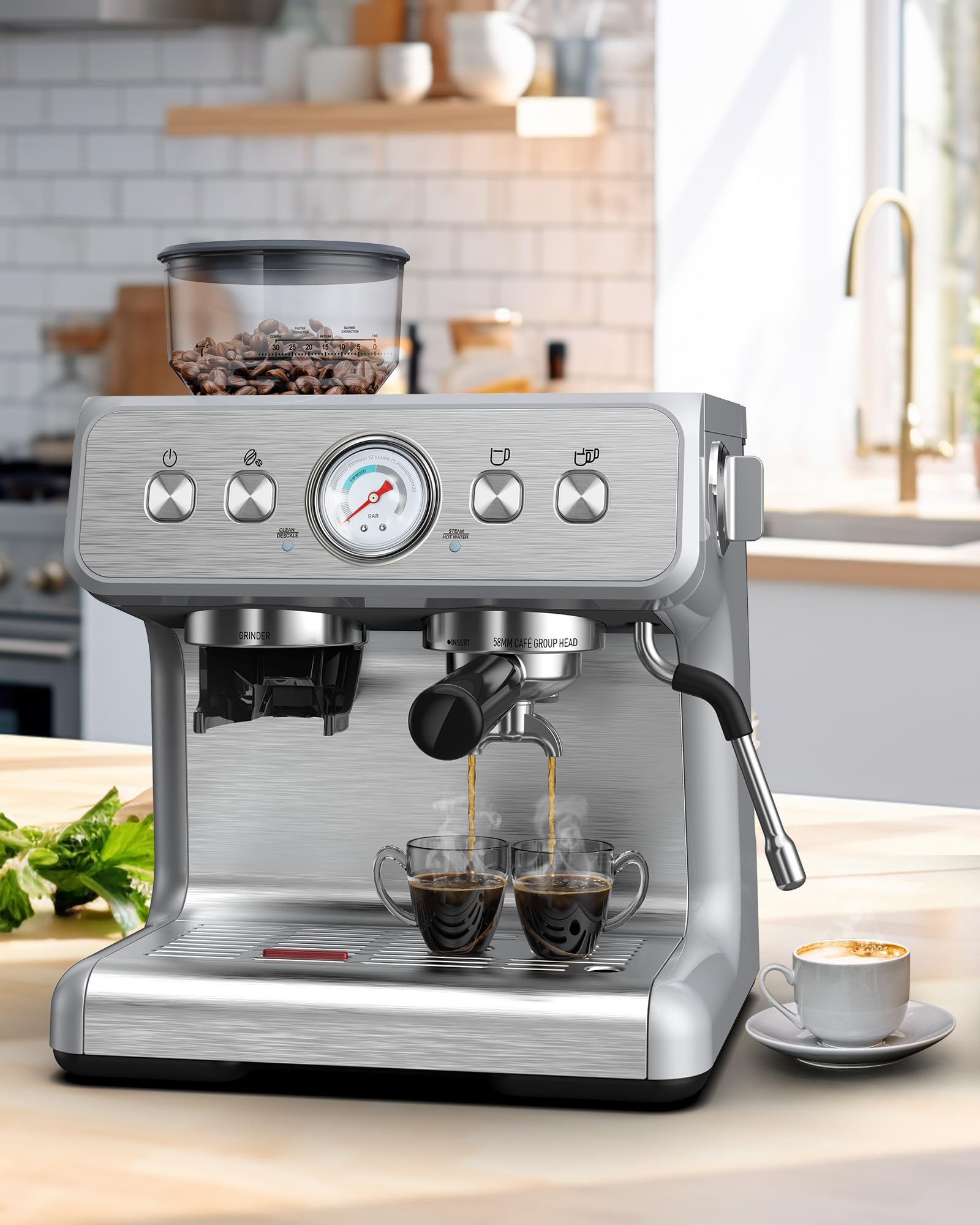 Kndko 15 Bar Semi-Automatic Espresso Machine with Milk Frother & Grinder - Stainless Steel Detachable Water Tank - Perfect for Latte & Cappuccino - Ideal for Home Coffee Bar & Office Use