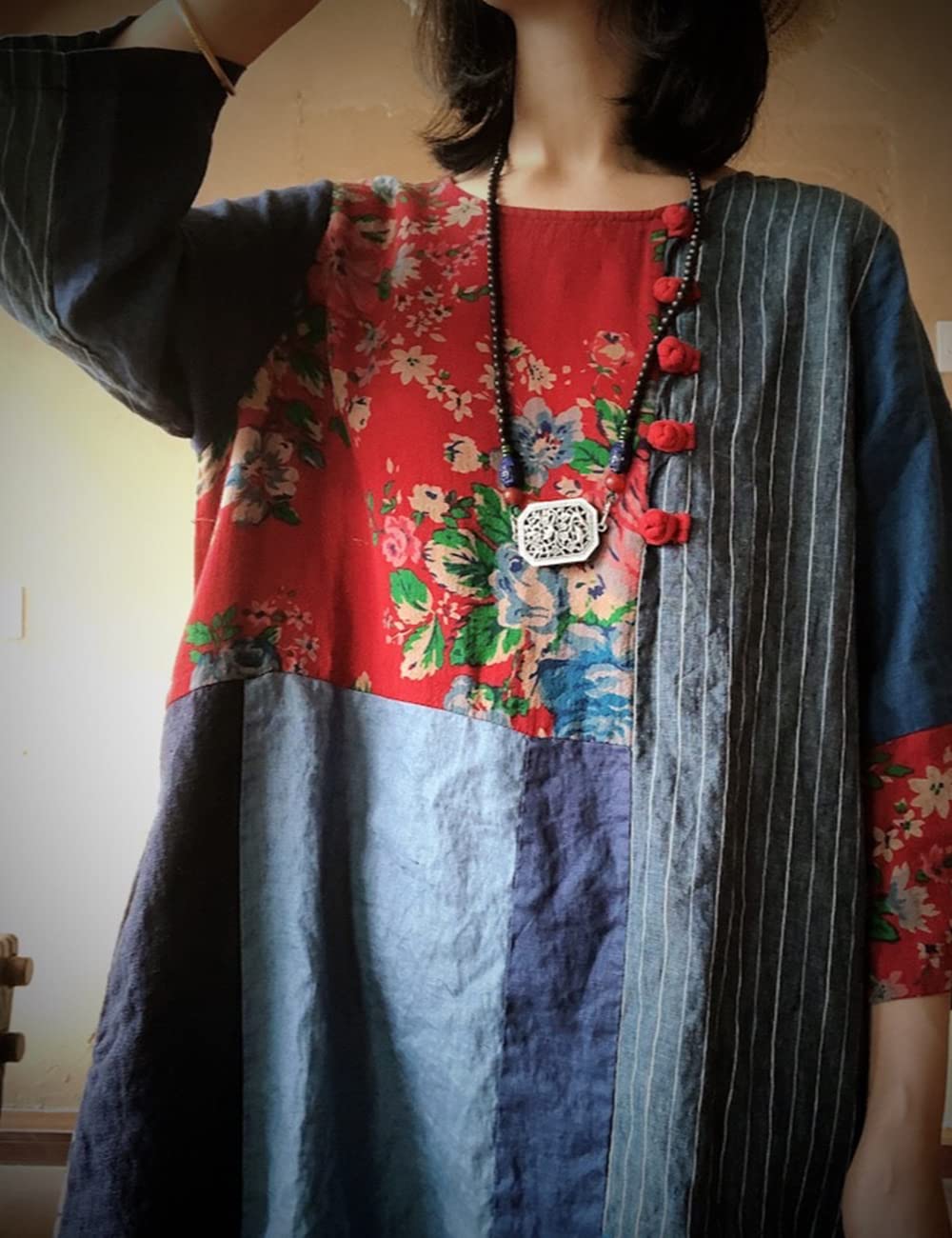 NFYM Women's Casual Loose Bohemian Floral Patchwork Maxi Dress - Cotton Linen Blend Long Sleeve Dress with Pockets | Perfect for Beach Vacation, Summer Outings & Boho Chic Fashion