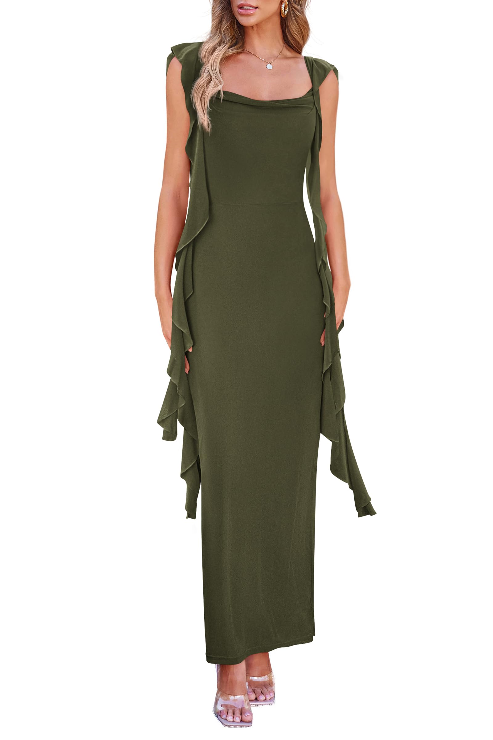 PRETTYGARDEN Women's Elegant Sleeveless Ruffle Maxi Dress for Wedding Guest, Cocktail Party & Summer Formal Events - Flattering Bodycon Design for Special Occasions