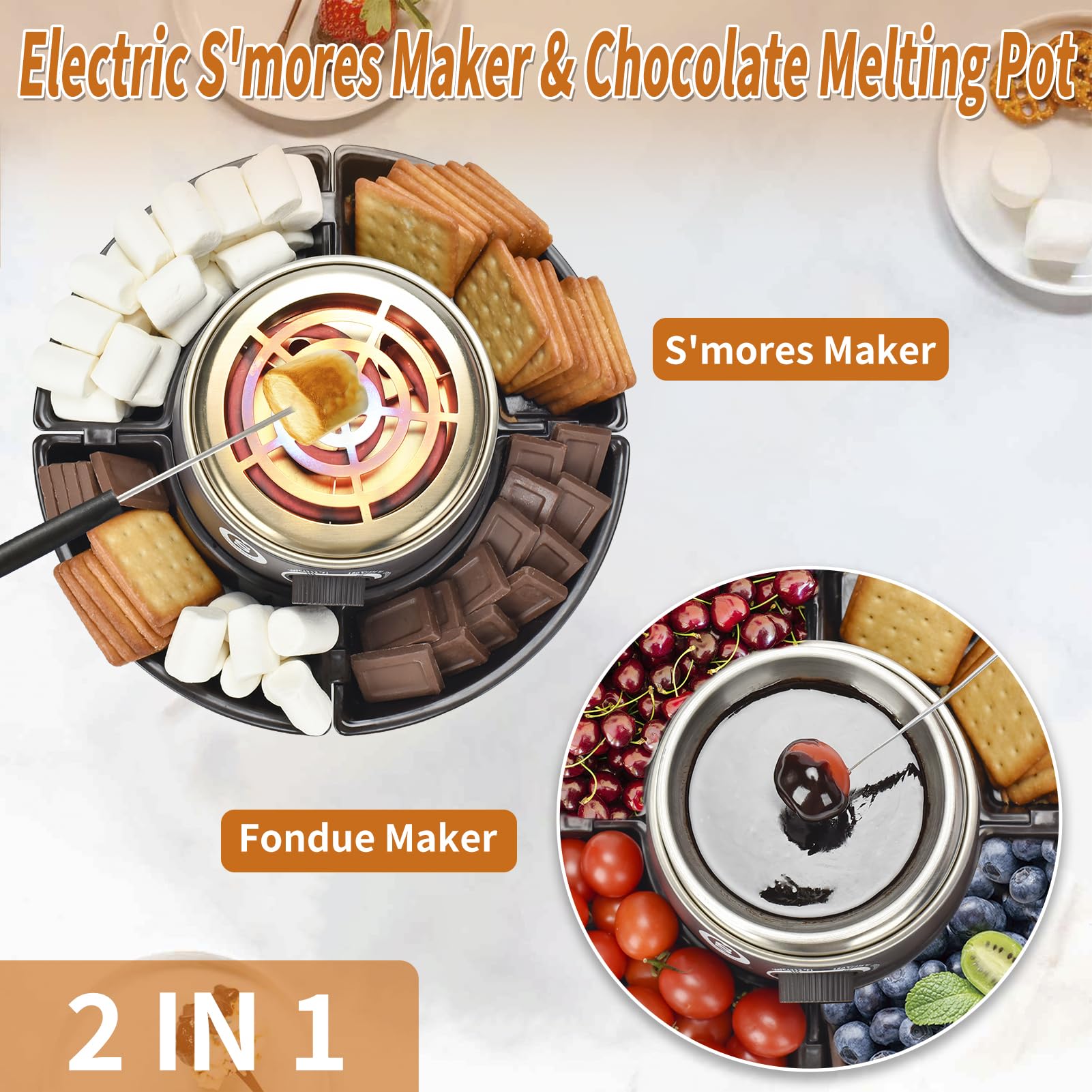 SANLE SOPFFY 2-in-1 Electric S'mores Maker & Fondue Pot Set - Indoor Flameless Temperature-Controlled Heater with 4 Roasting Forks - Perfect for Family Gatherings, Christmas Gifts & Cozy Winter Nights