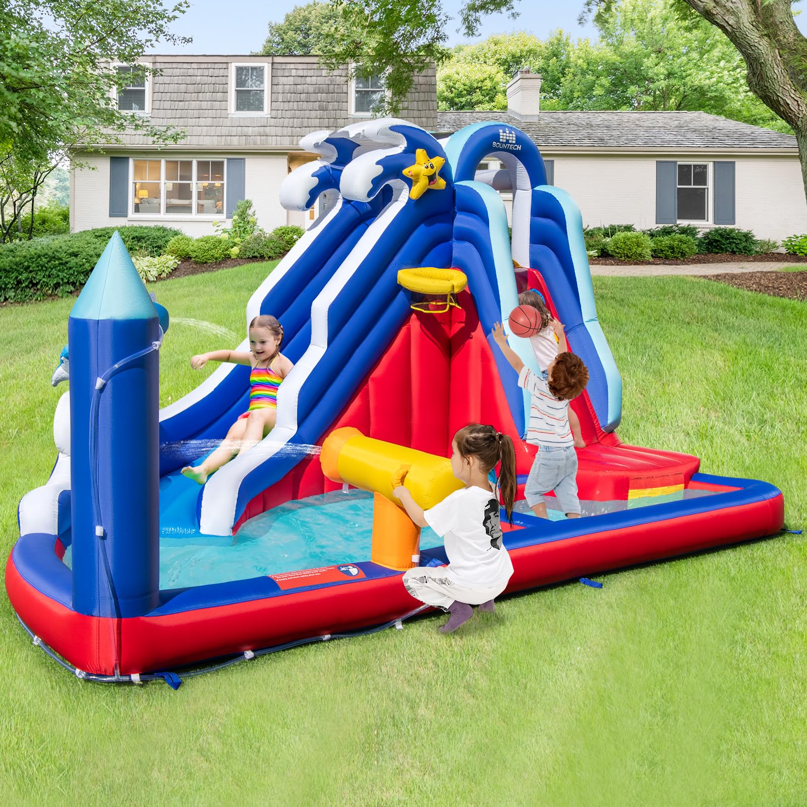 BOUNTECH Inflatable Water Slide with Dolphin Theme - Large Backyard Water Park for Kids & Adults, Includes Long Slide, Climbing Wall & Splash Pool - Perfect for Summer Parties, Outdoor Gatherings & Family Fun